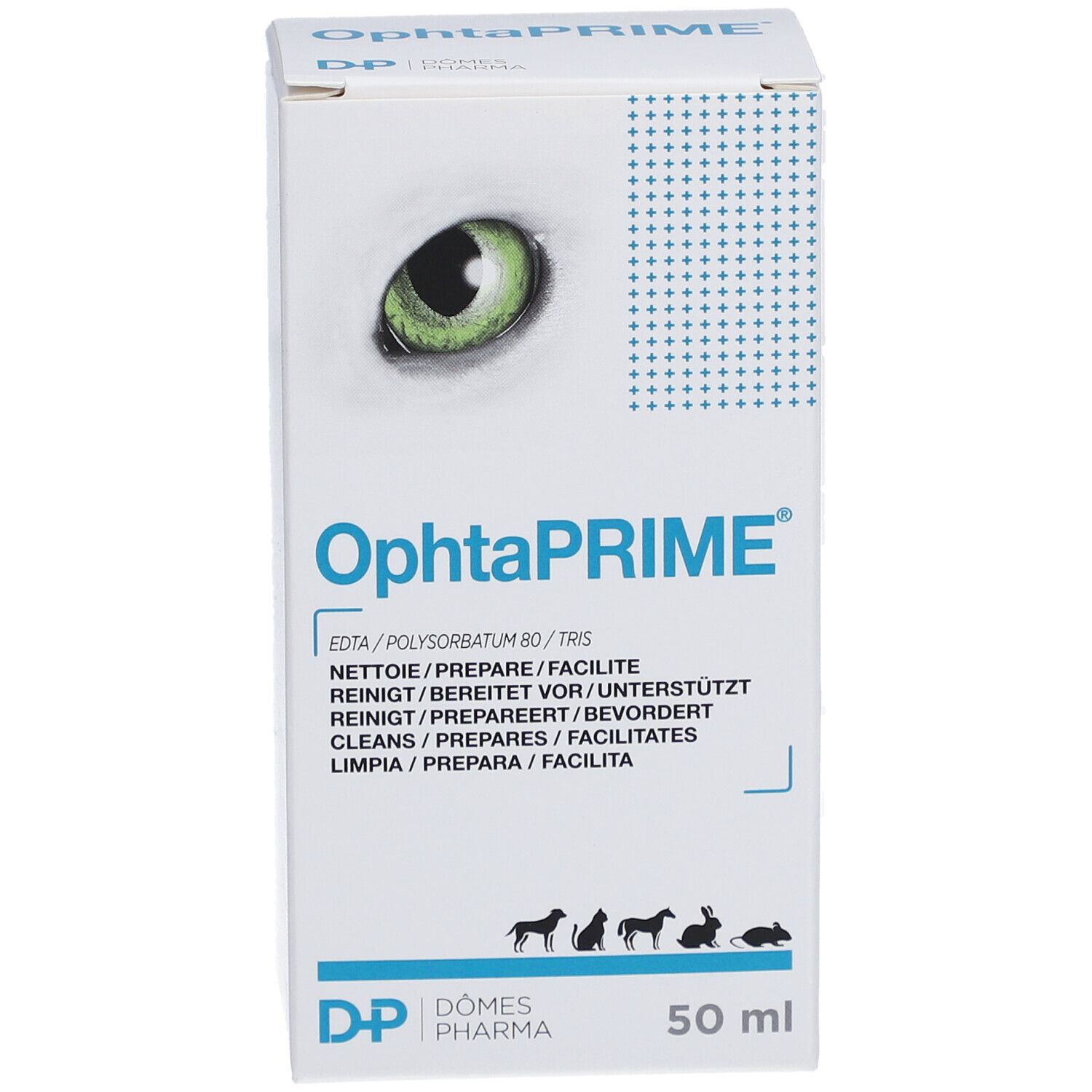 Schachtel mit OphtaPRIME. Aufdruck: Augapfel, Produktname, Inhaltsstoffe, Tier-Icons, 50 ml.