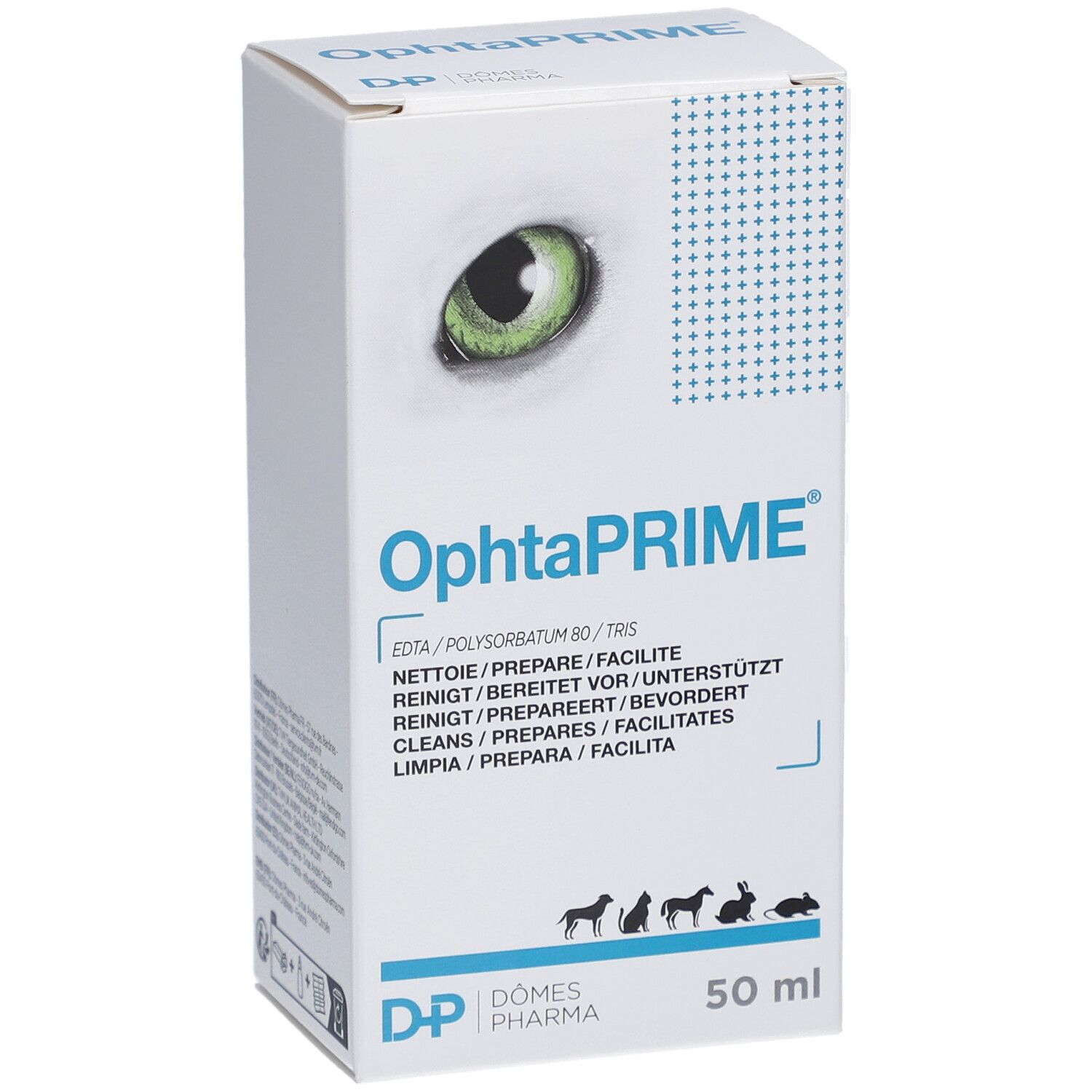 Schachtel mit OphtaPRIME. Aufdruck: Augapfel, Produktname, Inhaltsstoffe, Tier-Icons, 50 ml.
