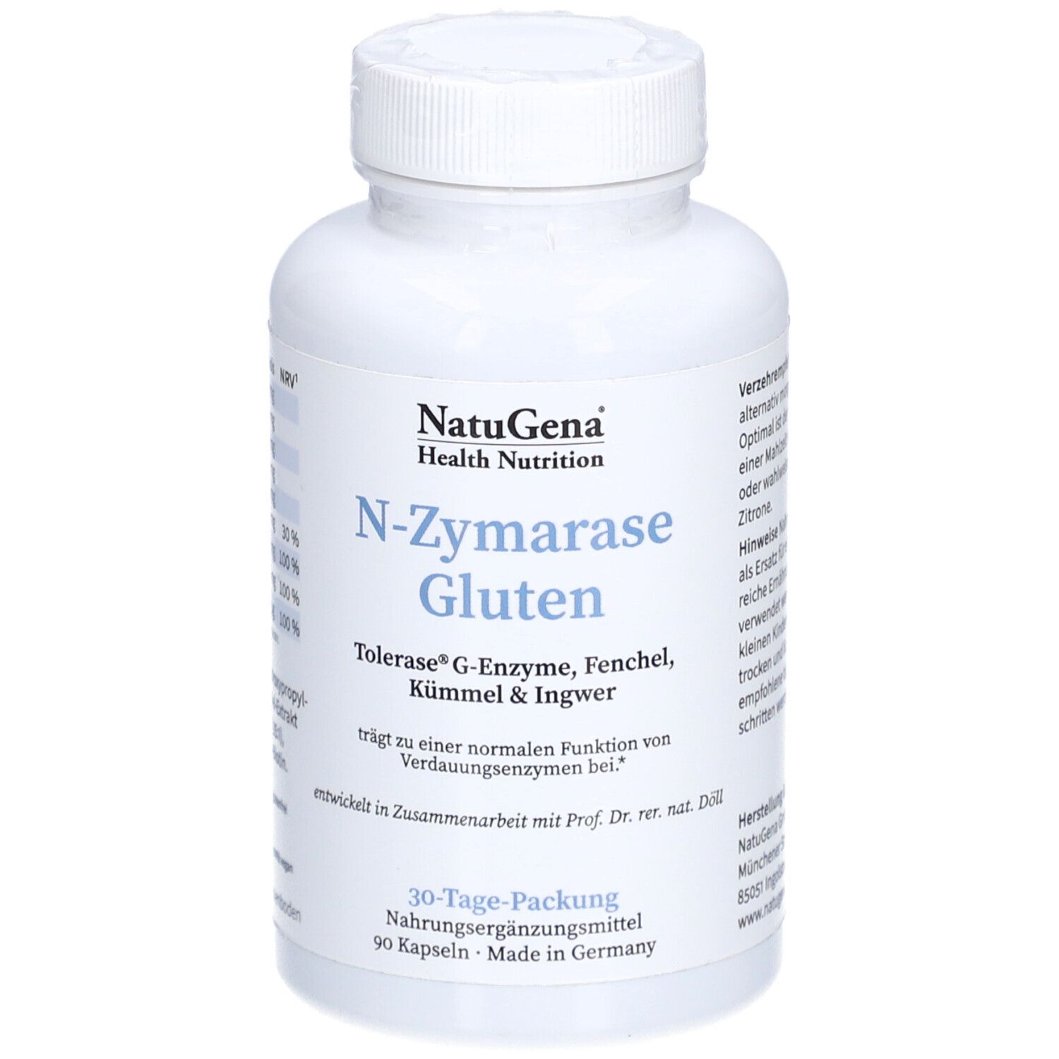 Weiße Flasche mit Kapseln. Aufschrift: N-Zymarase Gluten, NatuGena Health Nutrition. Enthält G-Enzyme, Fenchel, Kümmel & Ingwer.