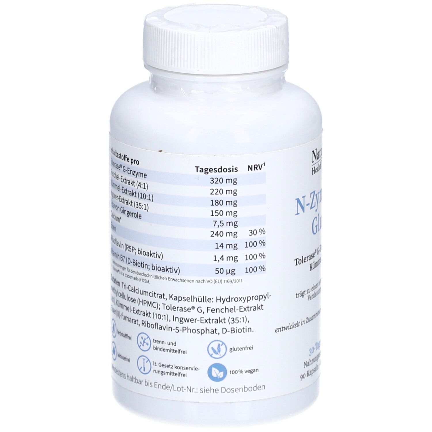 Rückseite der weißen Flasche. Auflistung der Inhaltsstoffe pro Tagesdosis. Enthält u.a. Vitamin B7, Riboflavin, Calcium und Eisen.