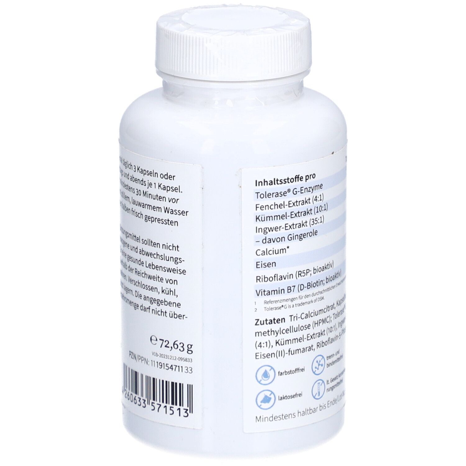 Rückseite der weißen Flasche. Auflistung der Inhaltsstoffe pro Kapsel. Enthält u.a. Vitamin B7, Riboflavin, Calcium und Eisen.