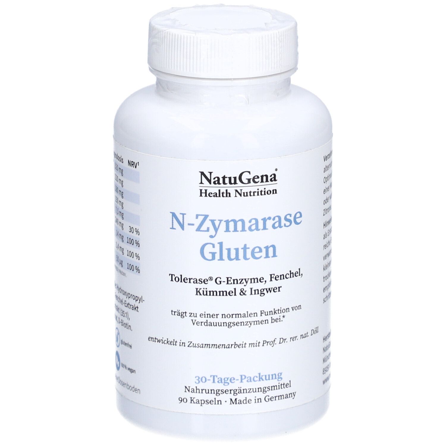 Weiße Flasche mit Kapseln. Aufschrift: N-Zymarase Gluten, NatuGena Health Nutrition. Enthält G-Enzyme, Fenchel, Kümmel & Ingwer.