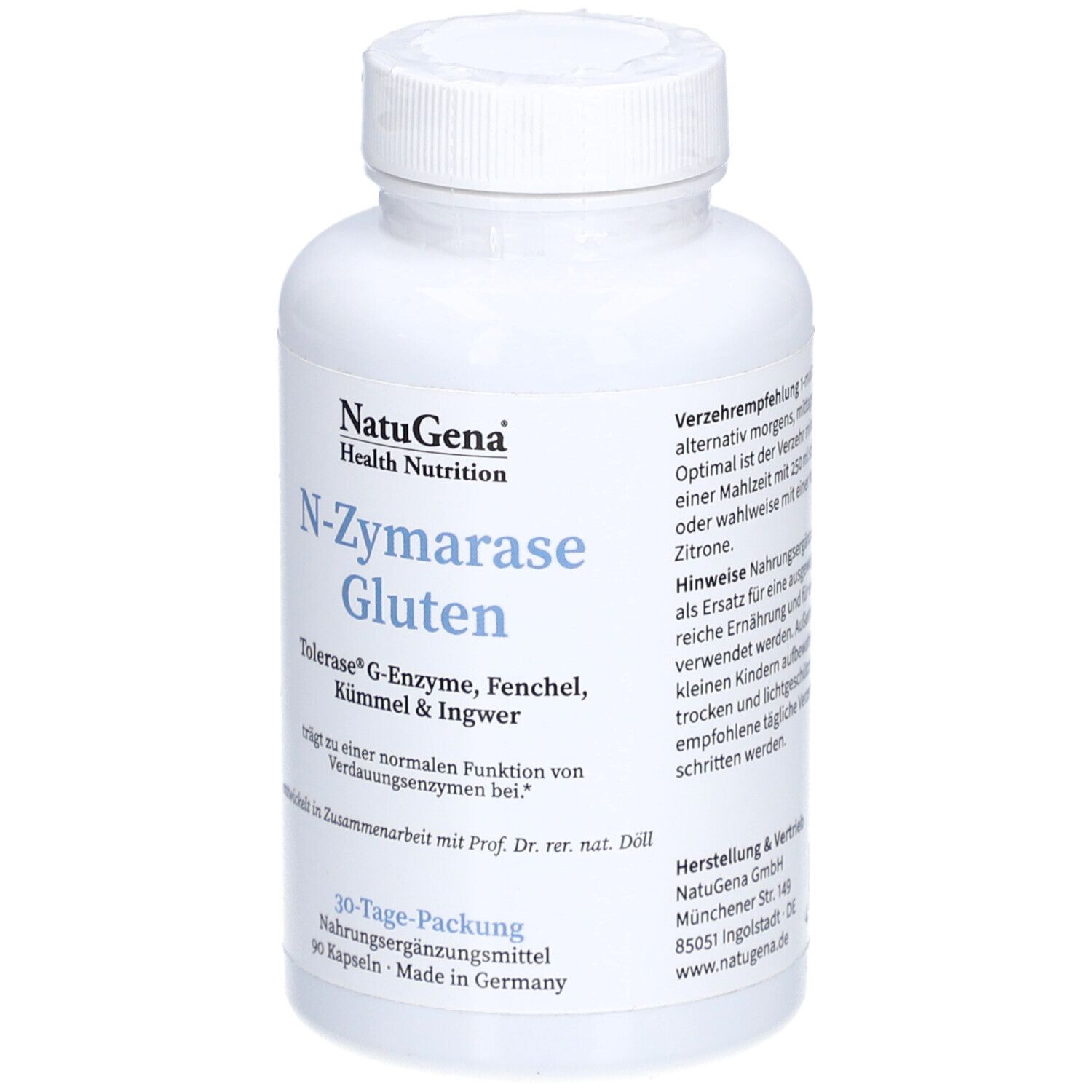 Weiße Flasche mit Kapseln. Aufschrift: N-Zymarase Gluten, NatuGena Health Nutrition. Enthält G-Enzyme, Fenchel, Kümmel & Ingwer.
