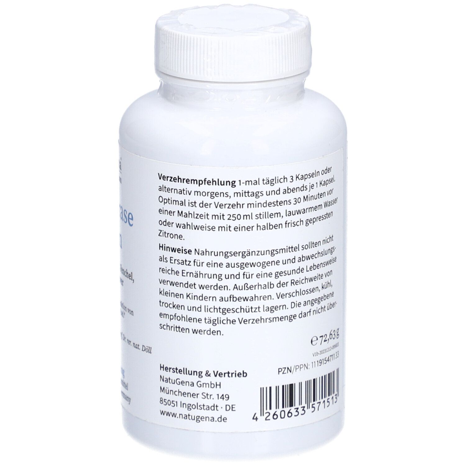 Rückseite der weißen Flasche. Verzehrempfehlung. Hersteller- und Vertriebsinformationen. Enthält 90 Kapseln.