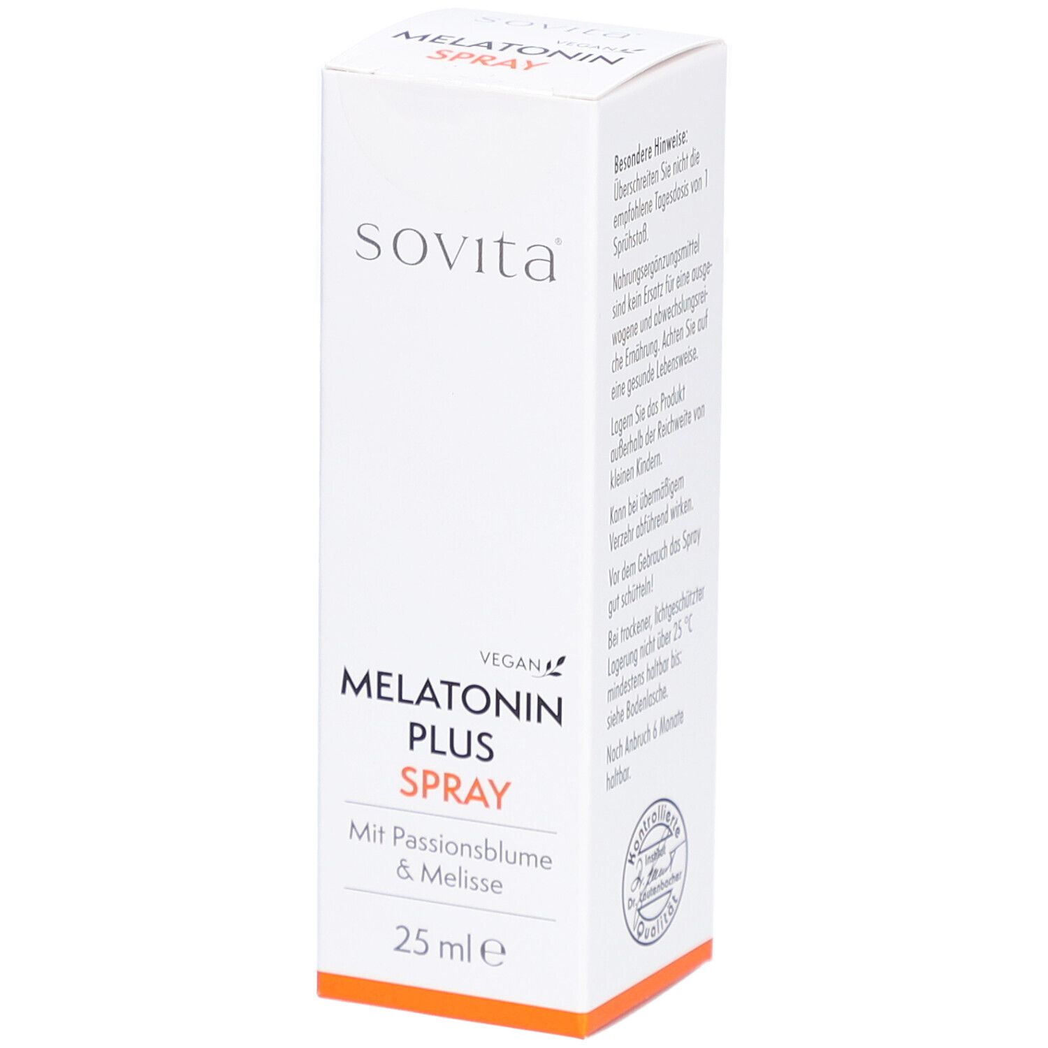 Weiße Schachtel mit Produktaufdruck. Schriftzug: sovita, Melatonin Plus Spray, Mit Passionsblume & Melisse, 25 ml.