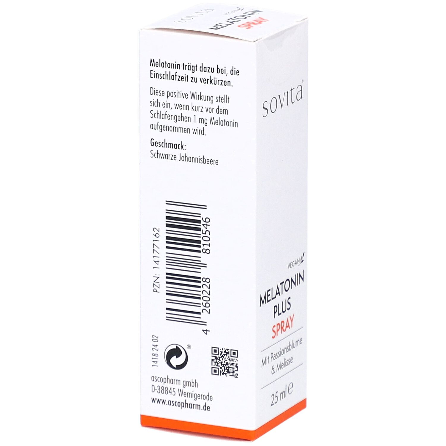 Weiße Schachtel, Rückseite mit Text und Barcode. Schriftzug: sovita, Melatonin Plus Spray, Mit Passionsblume & Melisse, 25 ml.