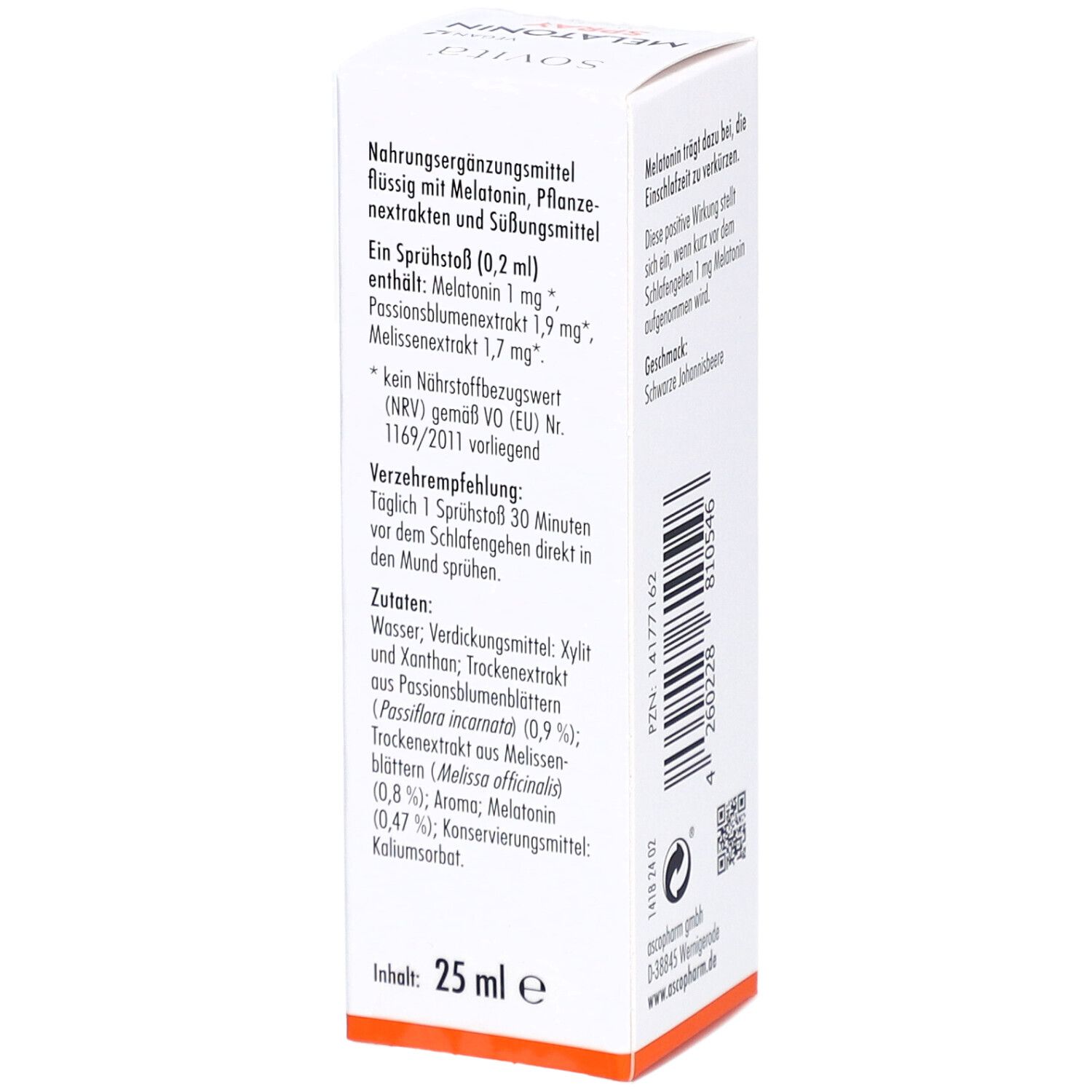 Weiße Schachtel, Seitenansicht mit Text. Schriftzug: sovita, Melatonin Plus Spray, Mit Passionsblume & Melisse, 25 ml.
