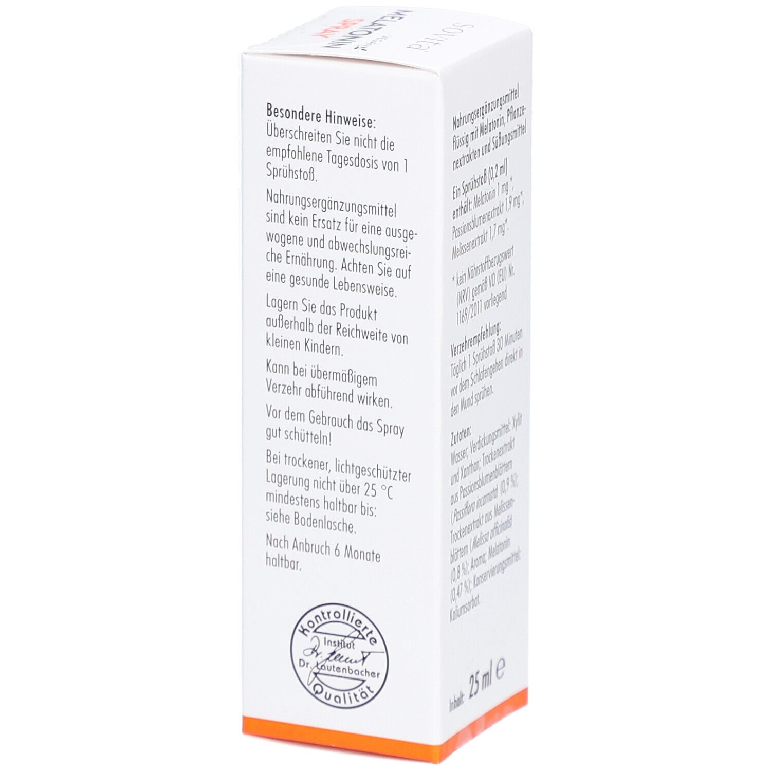 Weiße Schachtel, Seitenansicht mit Text und Siegel. Schriftzug: sovita, Melatonin Plus Spray, Mit Passionsblume & Melisse, 25 ml.
