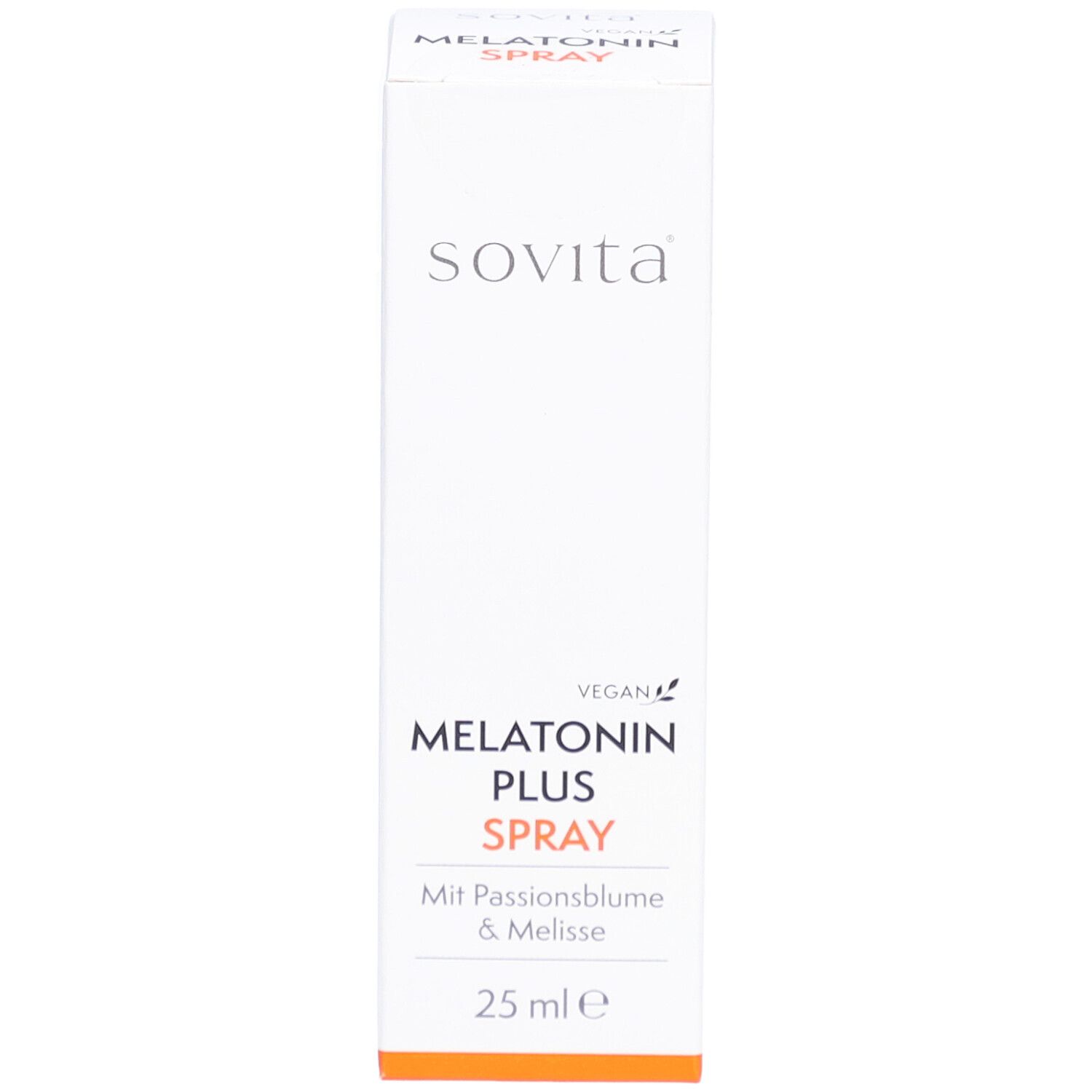 Weiße Schachtel mit Produktaufdruck. Schriftzug: sovita, Melatonin Plus Spray, Mit Passionsblume & Melisse, 25 ml.