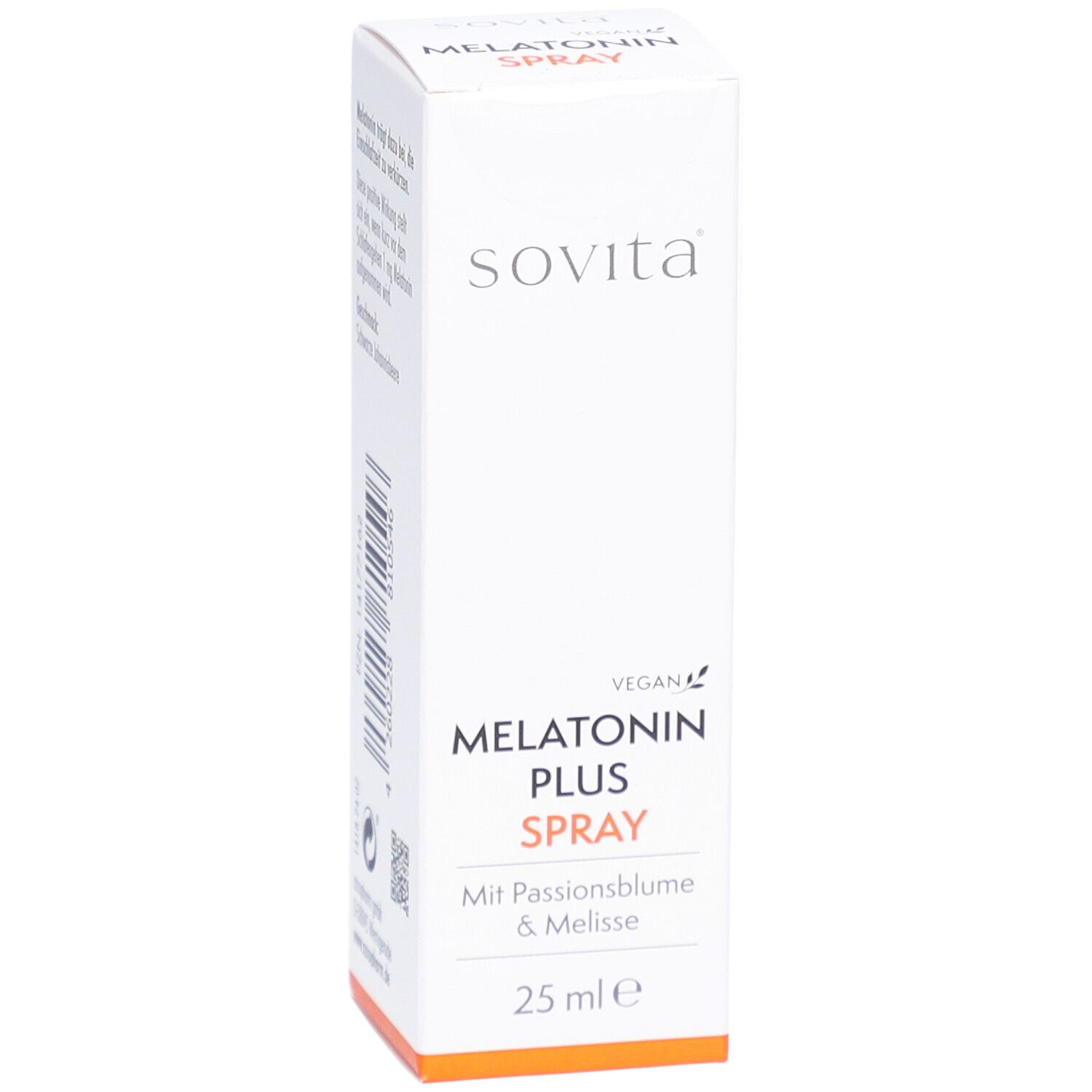 Weiße Schachtel mit Produktaufdruck. Schriftzug: sovita, Melatonin Plus Spray, Mit Passionsblume & Melisse, 25 ml.