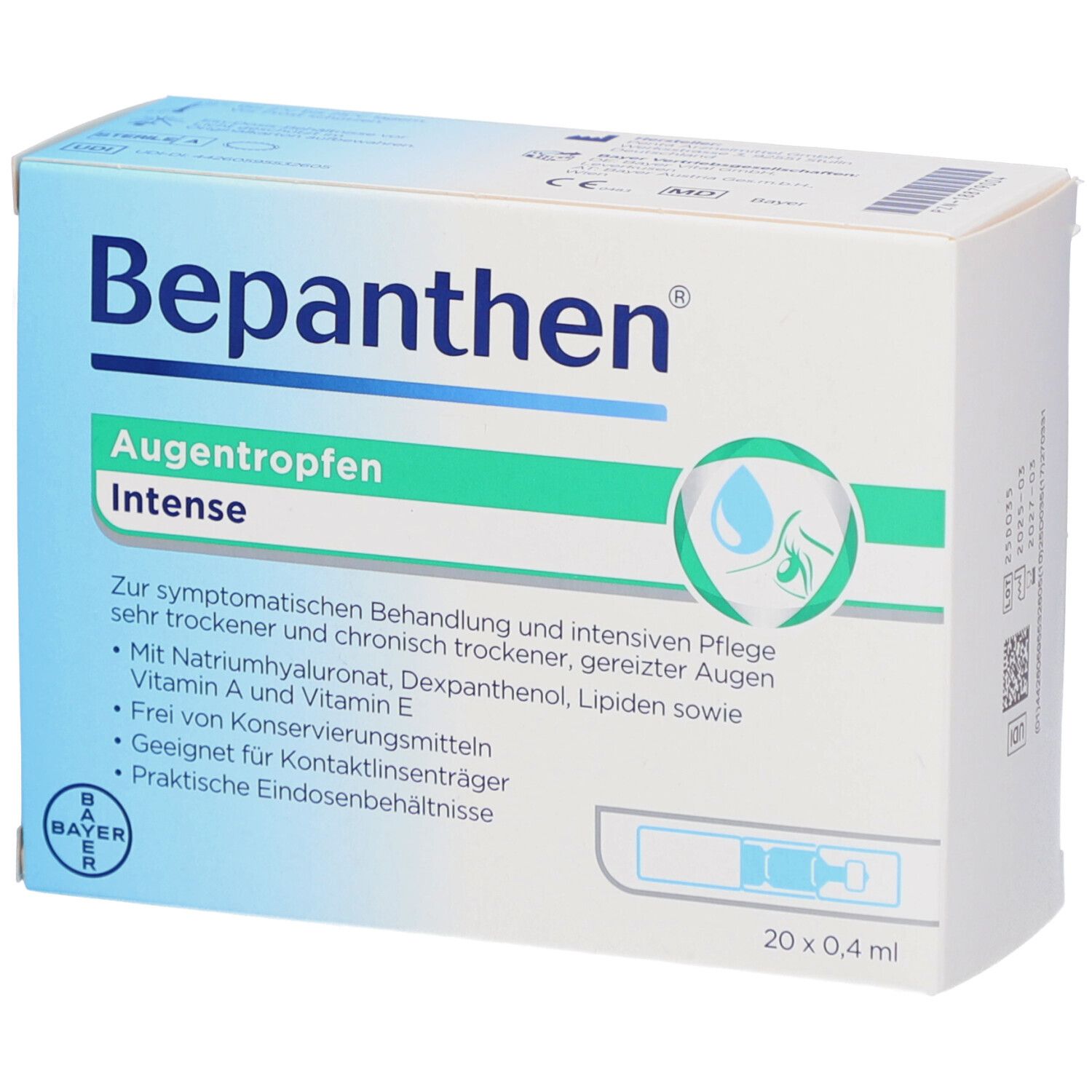 Verpackung von Bepanthen Augentropfen Intense. 20 Einzeldosen. Bayer-Logo.