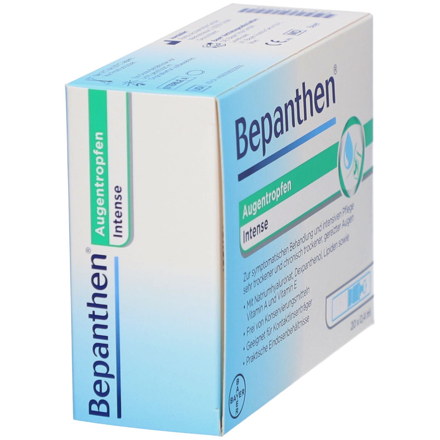 Schrägansicht der Bepanthen Augentropfen Intense Verpackung. 20 Einzeldosen.