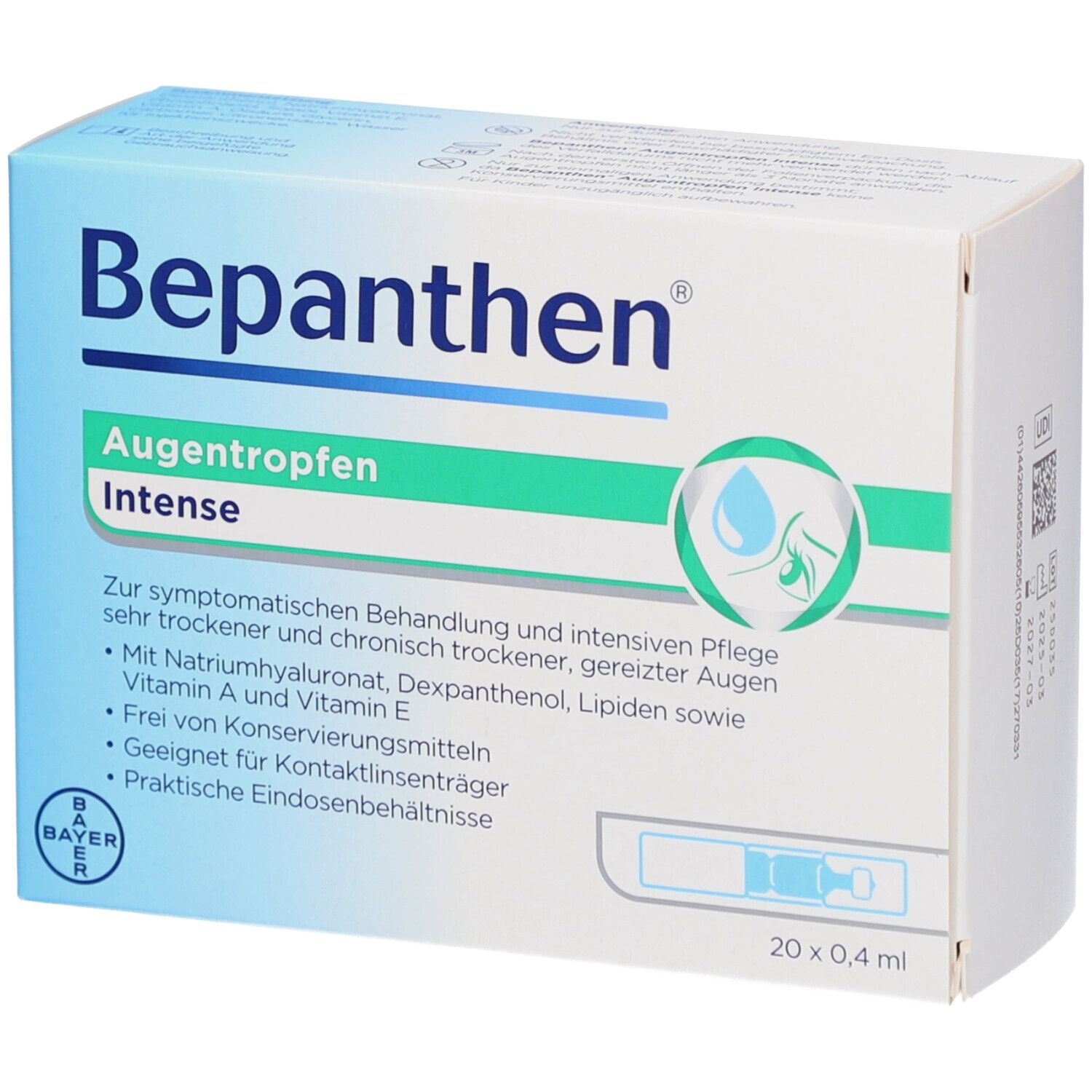 Verpackung von Bepanthen Augentropfen Intense. 20 Einzeldosen. Bayer-Logo.