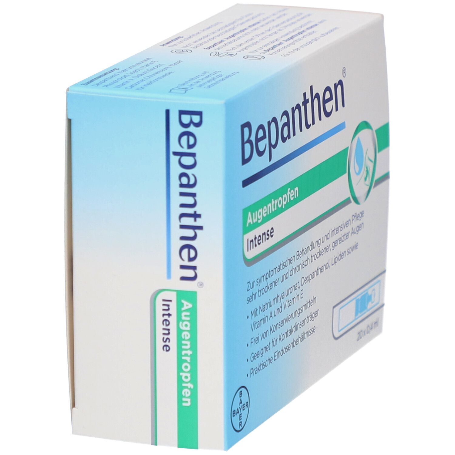 Schrägansicht der Bepanthen Augentropfen Intense Verpackung. 20 Einzeldosen.