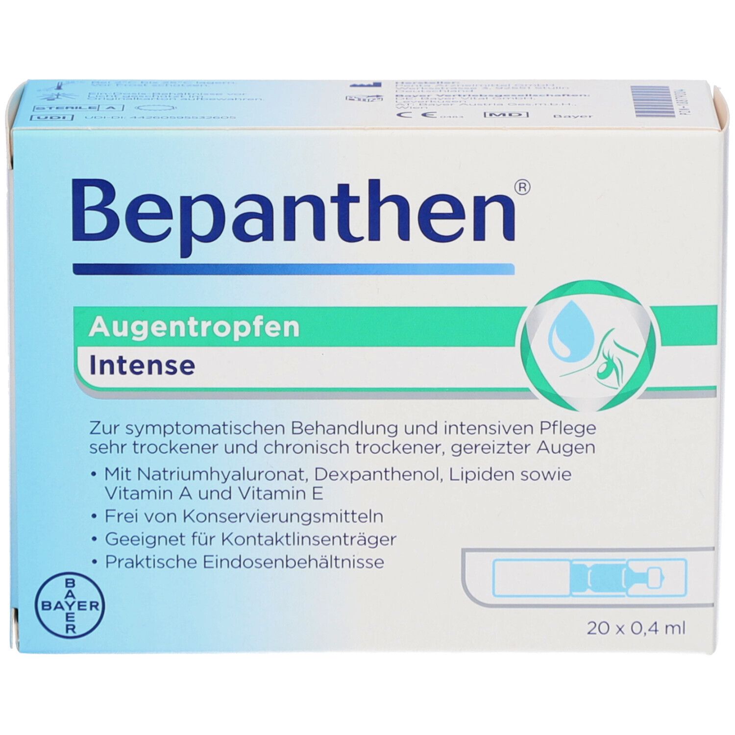 Verpackung von Bepanthen Augentropfen Intense. 20 Einzeldosen. Bayer-Logo.