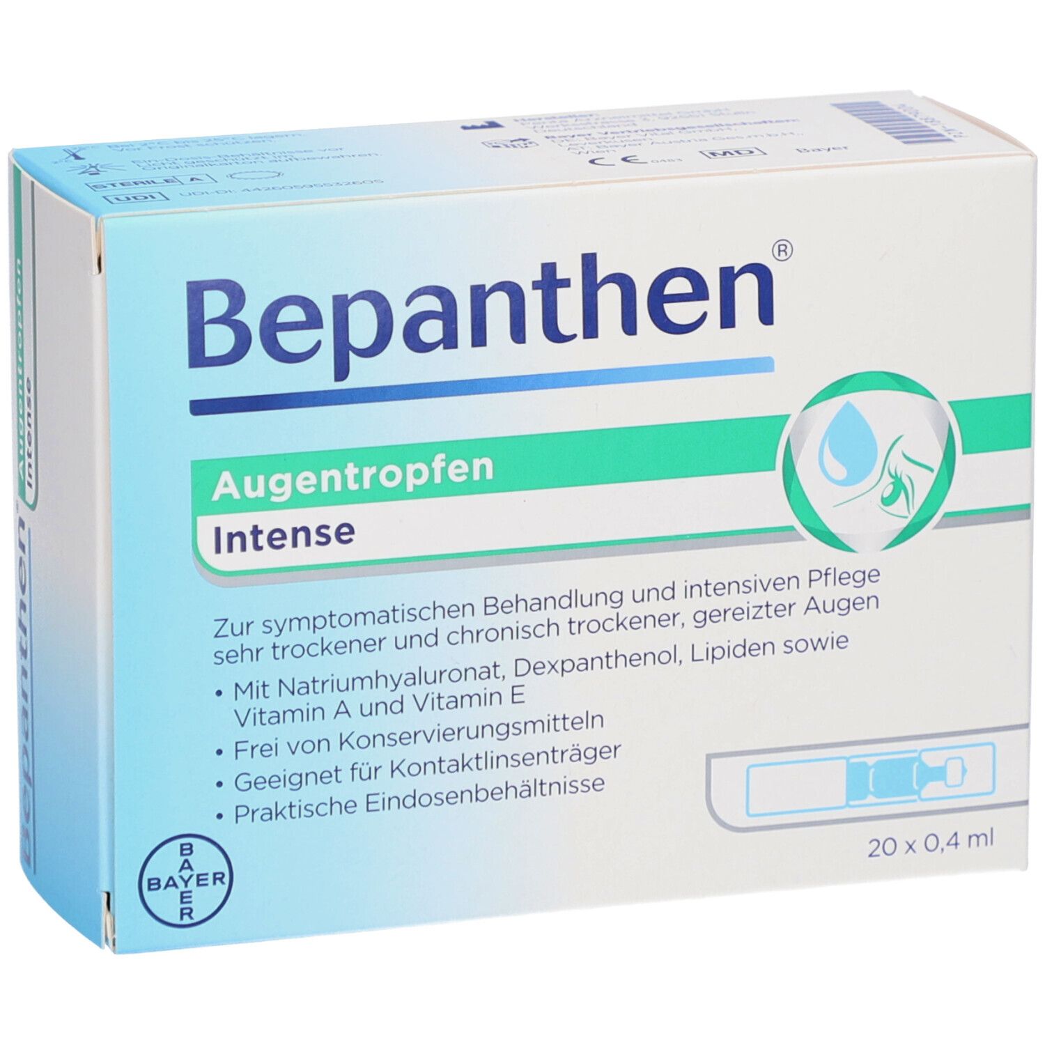 Verpackung von Bepanthen Augentropfen Intense. 20 Einzeldosen. Bayer-Logo.