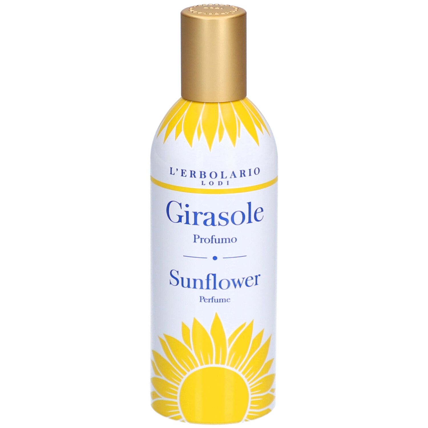 Weiß-gelbe Flasche mit goldfarbenem Deckel. Aufschrift: L'Erbolario, Girasole Profumo, Sunflower Perfume. Sonnenblumen-Design.