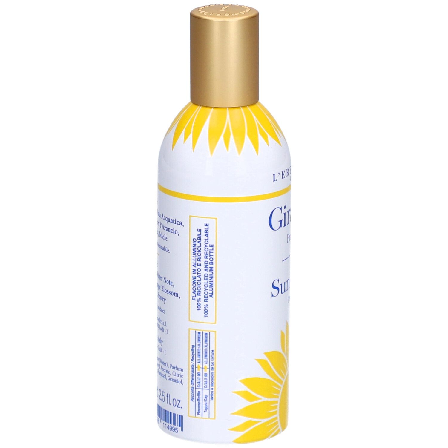 Weiß-gelbe Flasche mit goldfarbenem Deckel. Aufschrift: L'Erbolario, Girasole. Text und Recycling-Informationen auf der Seite.