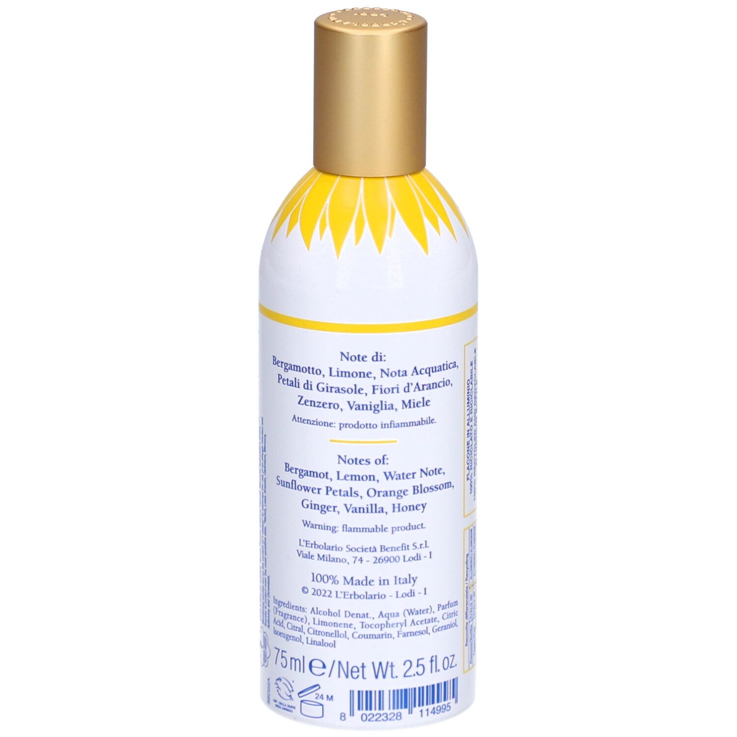 Weiß-gelbe Flasche mit goldfarbenem Deckel. Aufschrift: L'Erbolario, Girasole. Inhaltsstoffe und Herstellerinformationen auf der Rückseite.