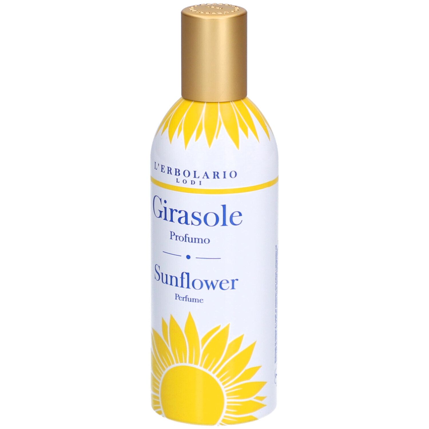 Weiß-gelbe Flasche mit goldfarbenem Deckel. Aufschrift: L'Erbolario, Girasole Profumo, Sunflower Perfume. Sonnenblumen-Design.