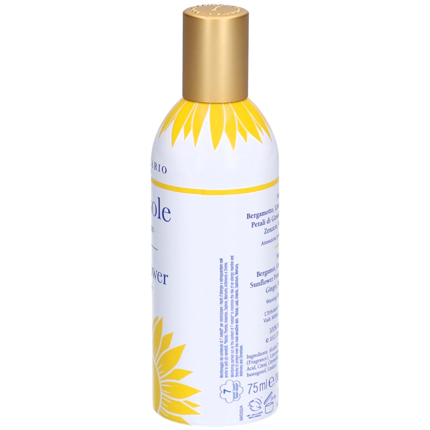 Weiß-gelbe Flasche mit goldfarbenem Deckel. Aufschrift: L'Erbolario, Girasole. Inhaltsstoffe und Herstellerinformationen auf der Rückseite.