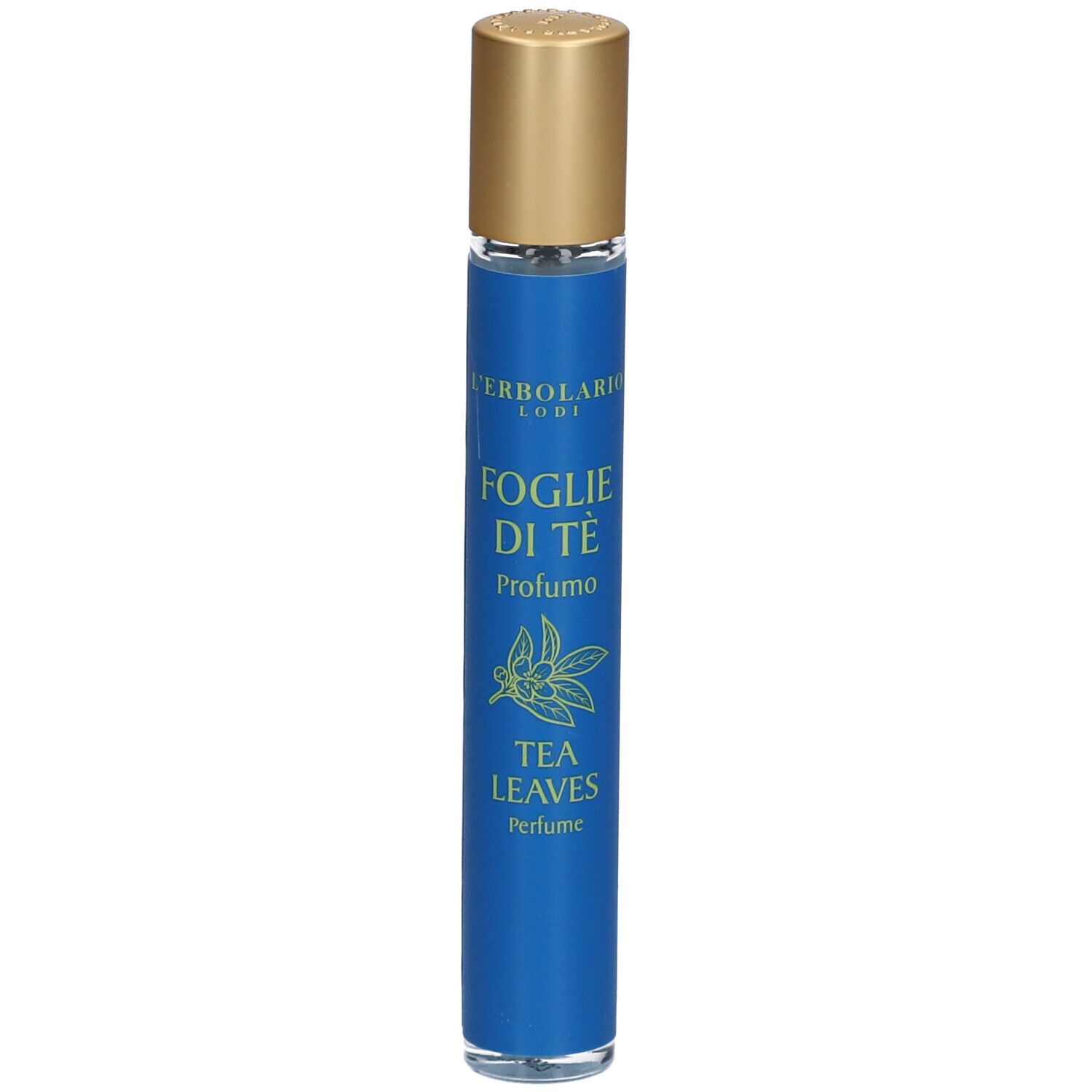 Blaues L'Erbolario FOGLIE DI TÈ Eau de Parfum Miniaturformat. Goldfarbener Deckel. Text: FOGLIE DI TÈ, TEA LEAVES, Profumo, Perfume.