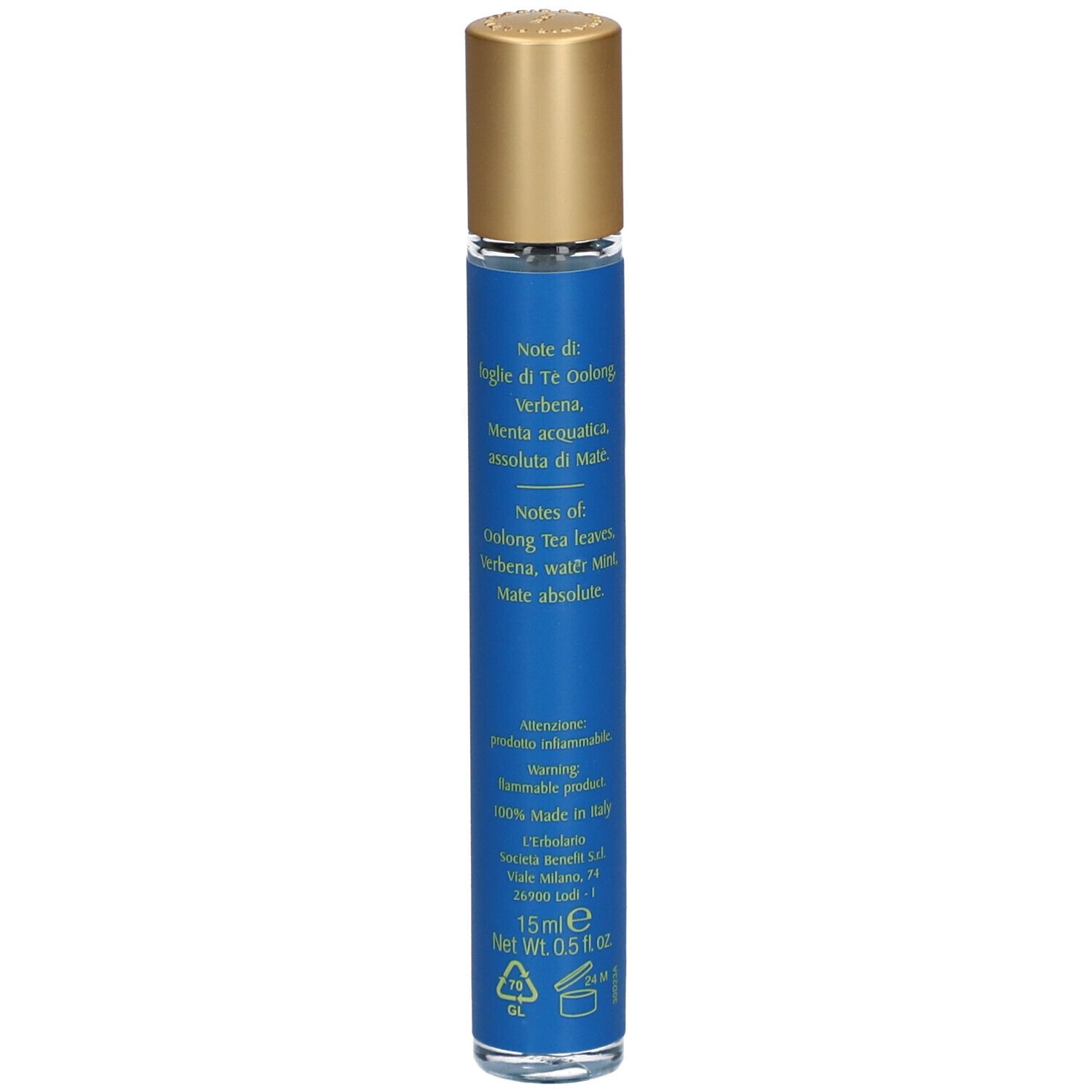 Blaue L'Erbolario FOGLIE DI TÈ Eau de Parfum Miniatur. Goldfarbener Deckel. Text: 15 ml, Net Wt. 0.5 fl oz. Rückseite mit Text.