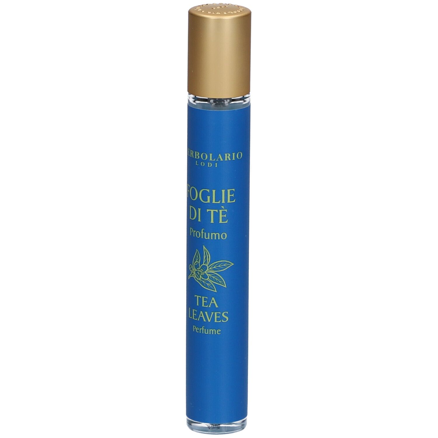 Blaue L'Erbolario FOGLIE DI TÈ Eau de Parfum Miniatur. Goldfarbener Deckel. Text: FOGLIE DI TÈ, TEA LEAVES, Profumo, Perfume.