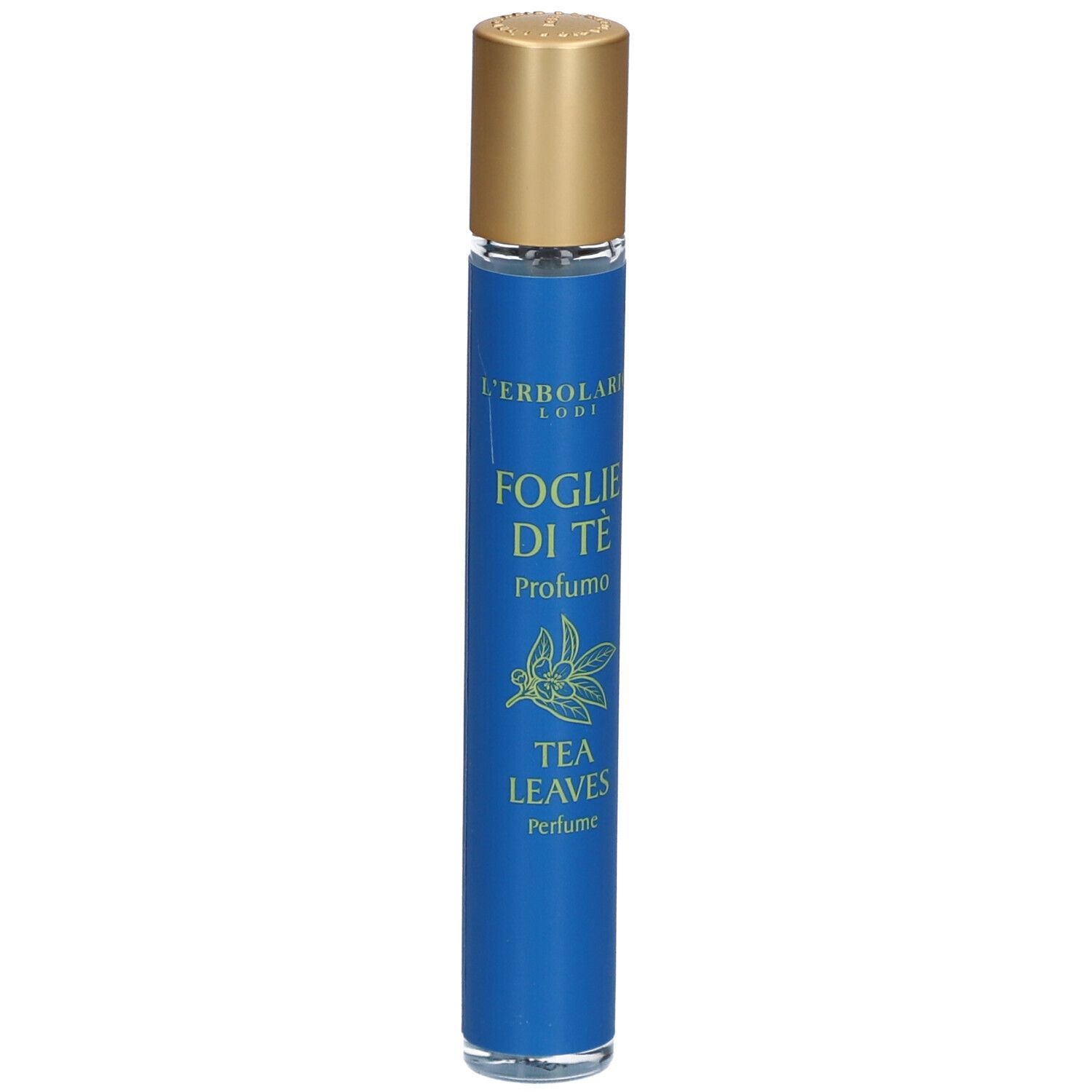 Blaue L'Erbolario FOGLIE DI TÈ Eau de Parfum Miniatur. Goldfarbener Deckel. Text: FOGLIE DI TÈ, TEA LEAVES, Profumo, Perfume.