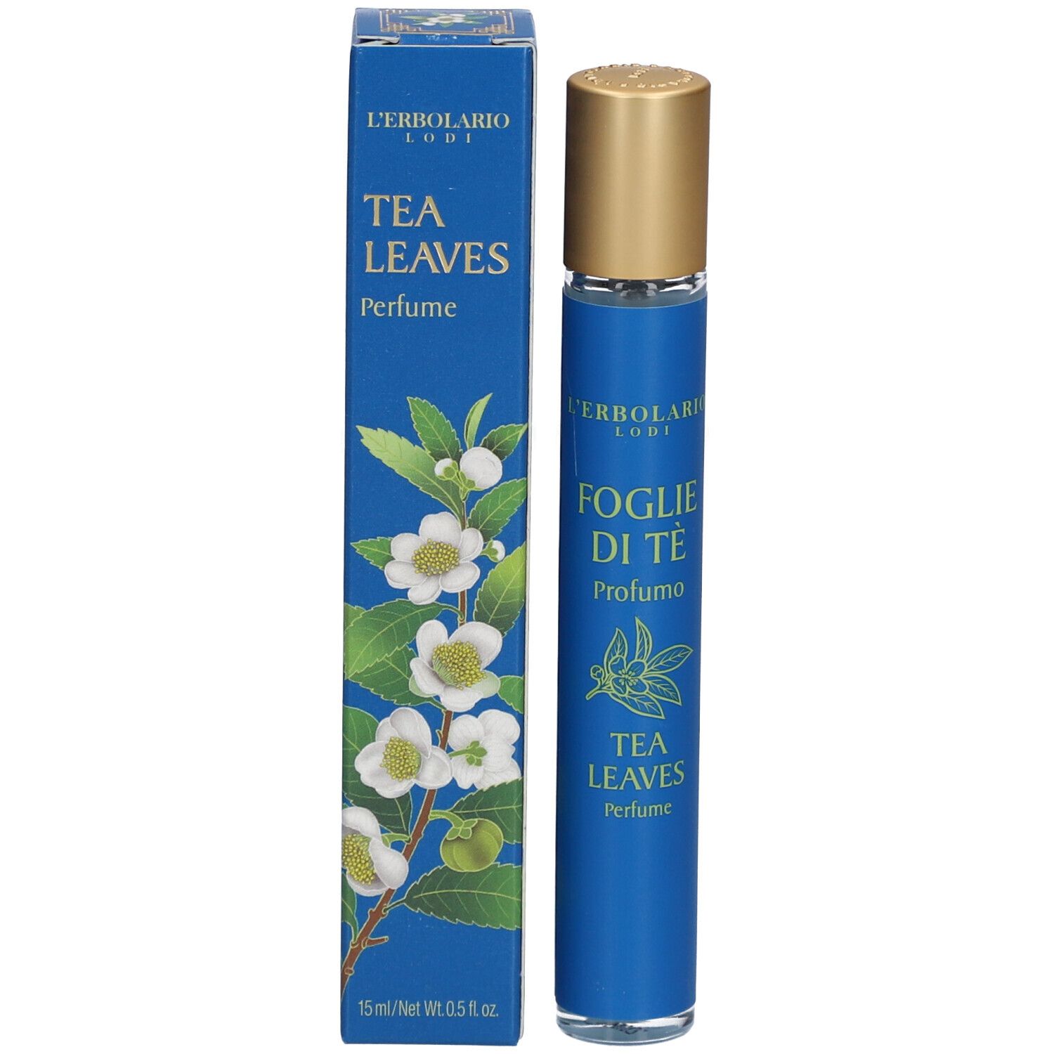 L'Erbolario FOGLIE DI TÈ Eau de Parfum Miniatur und Verpackung. Blaue Verpackung mit Blumen. Text: TEA LEAVES, Perfume, 15 ml/Net Wt. 0.5 fl oz.