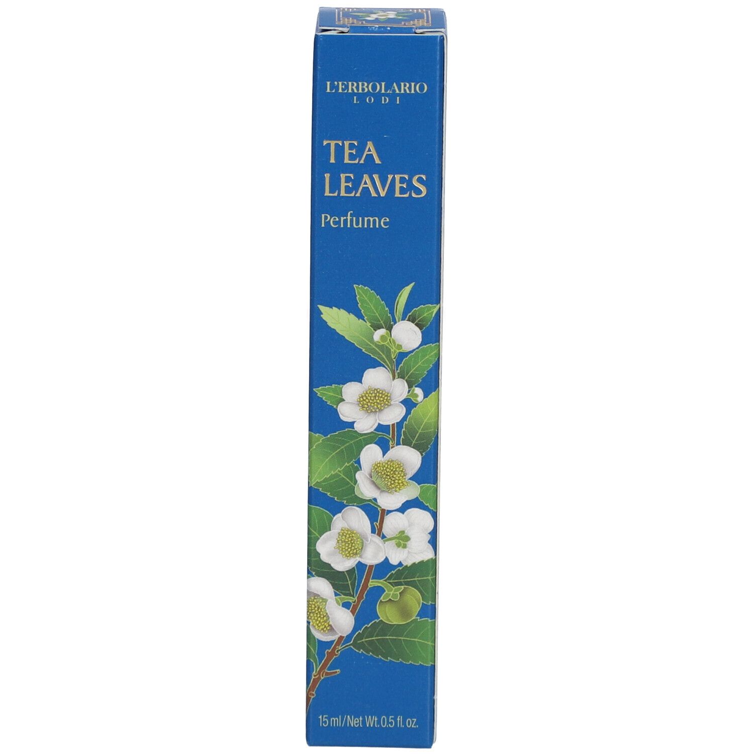 Blaue Verpackung mit Blumen. Text: L'Erbolario, TEA LEAVES, Perfume, 15 ml/Net Wt. 0.5 fl oz.