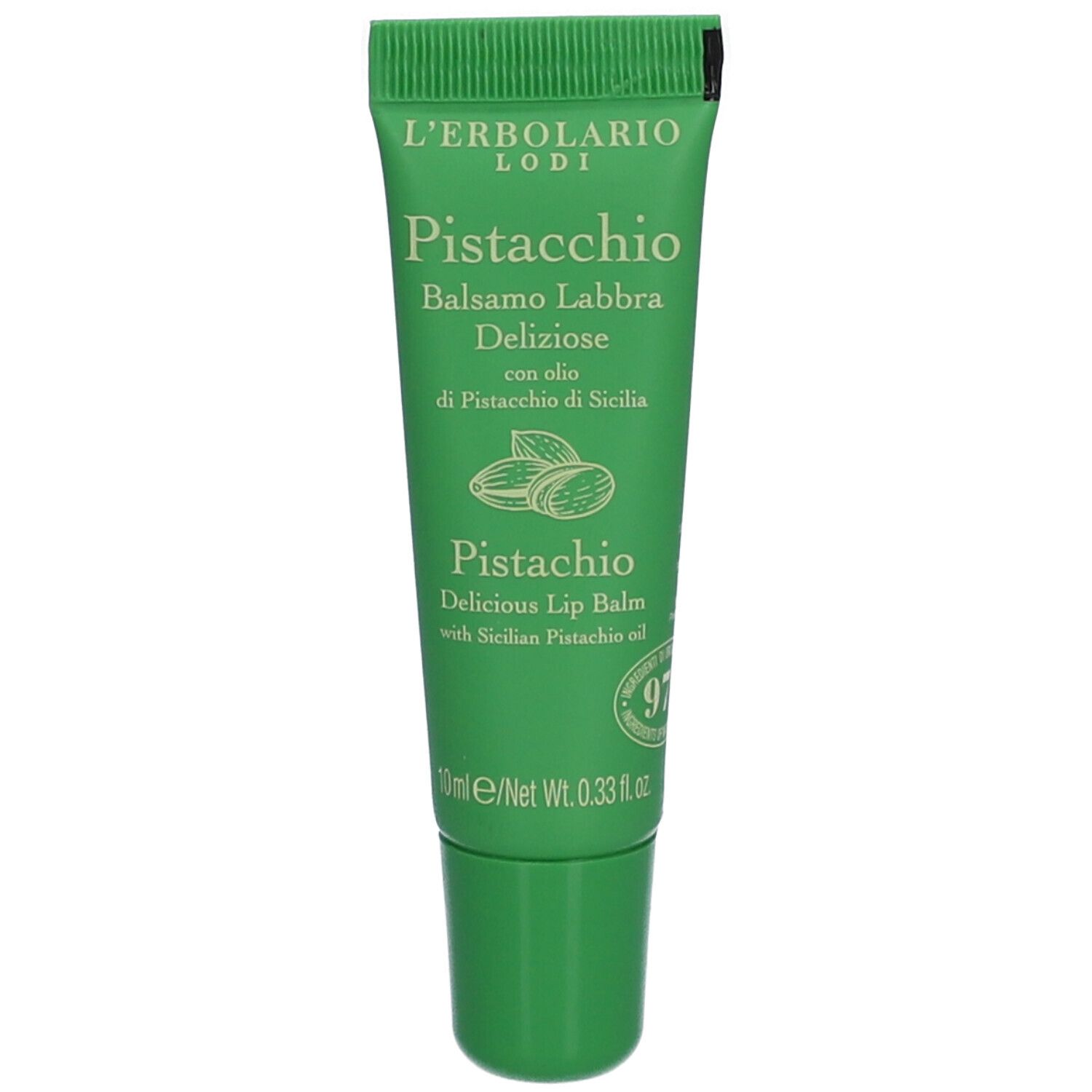 Grüne Tube mit Pistazien-Lippenbalsam, 10ml. Enthält sizilianisches Pistazienöl.