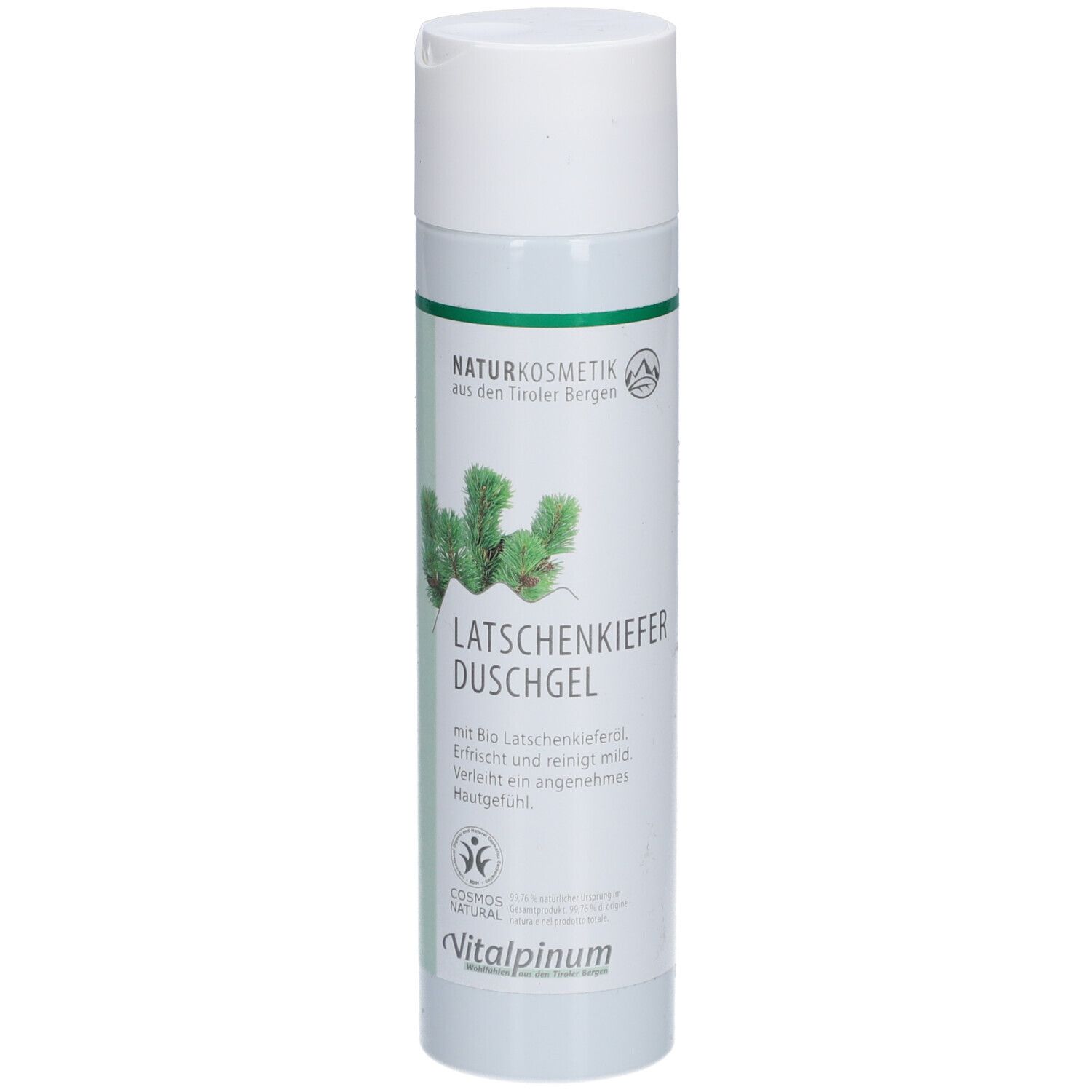 Weiß-grüne Flasche mit "Latschenkiefer Duschgel"-Aufdruck. Naturkosmetik-Siegel. Abbildung von Kiefernzweigen.