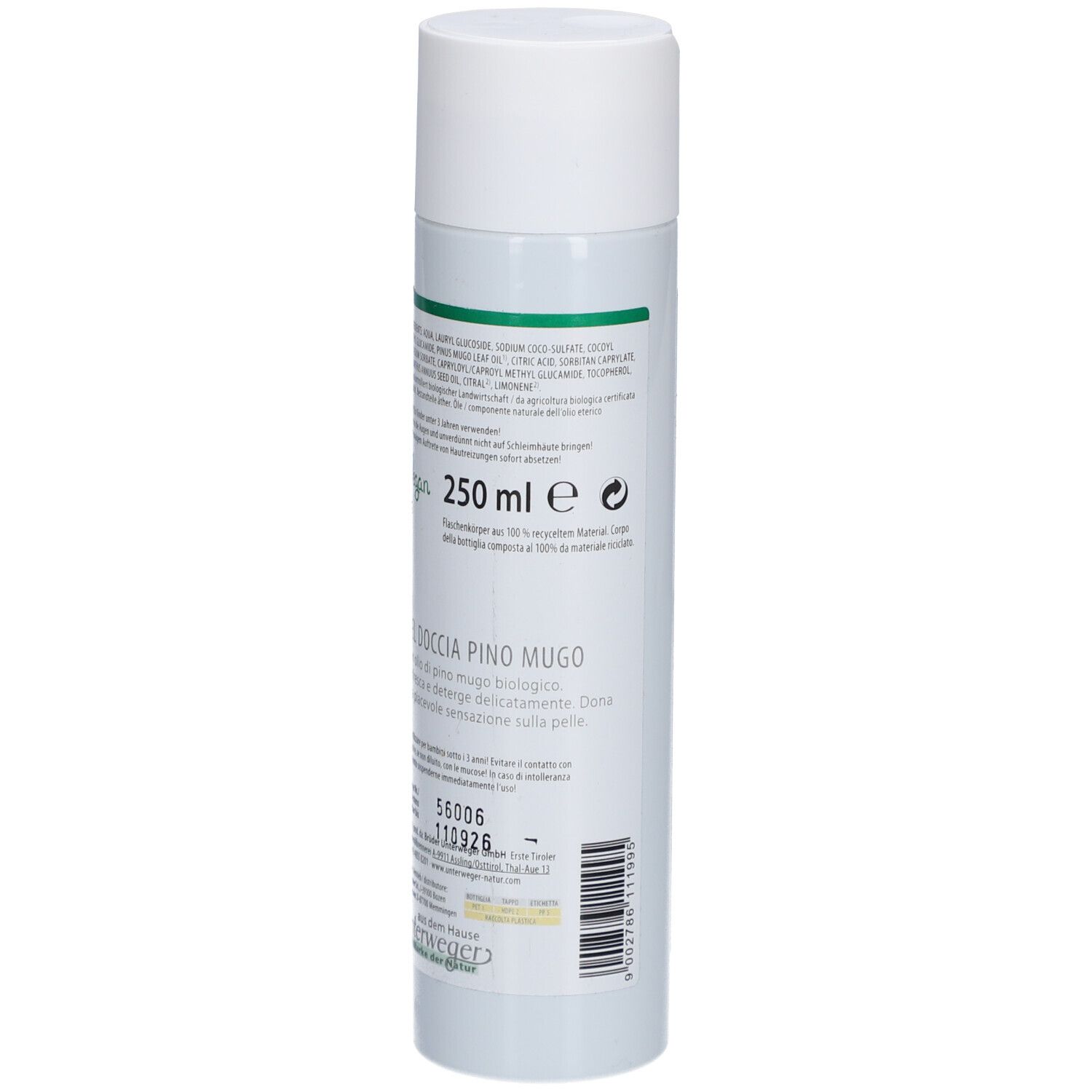 Rückseite der weißen Flasche. Text mit Inhaltsstoffen und Volumenangabe: 250 ml. Barcode.