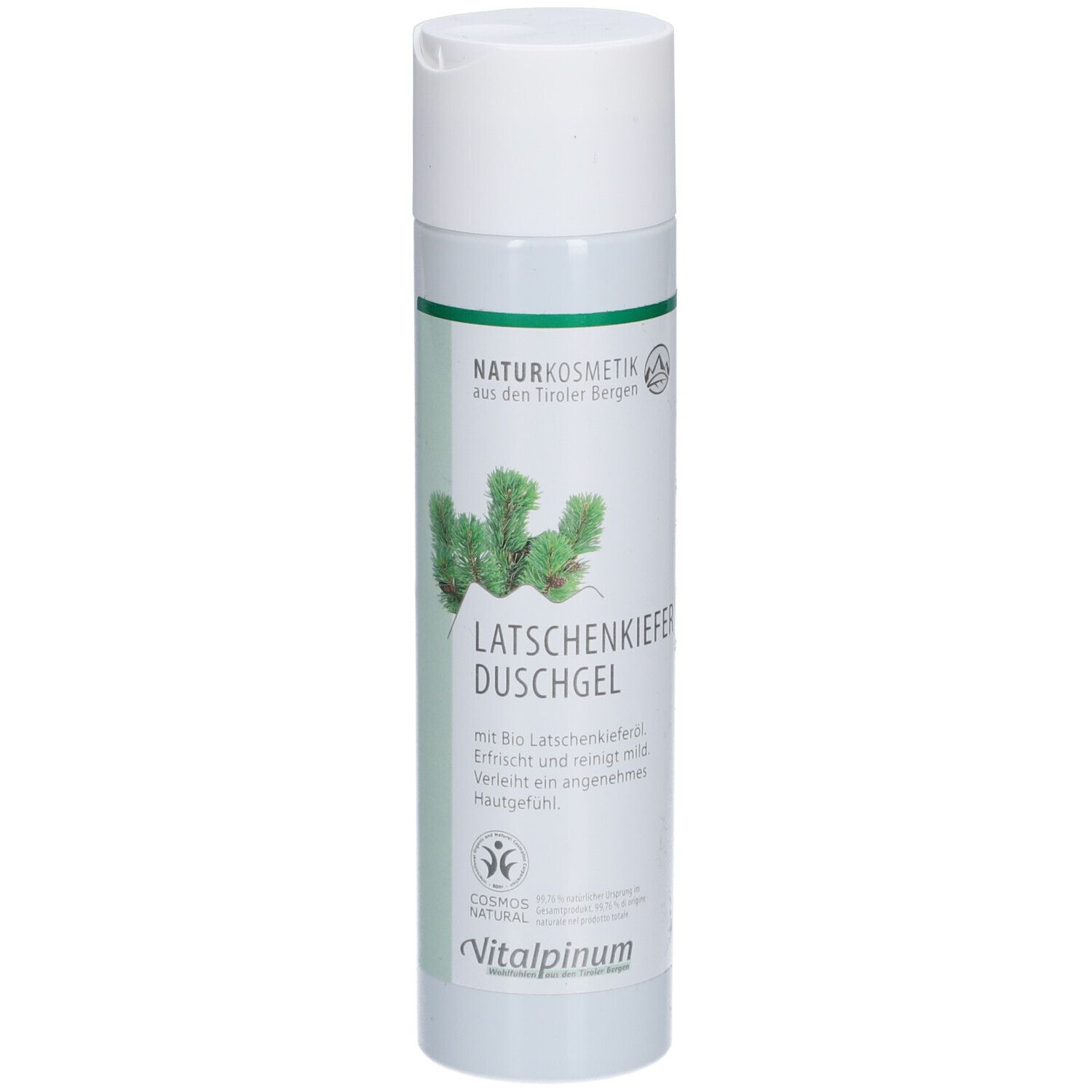 Weiß-grüne Flasche mit "Latschenkiefer Duschgel"-Aufdruck. Naturkosmetik-Siegel. Abbildung von Kiefernzweigen.