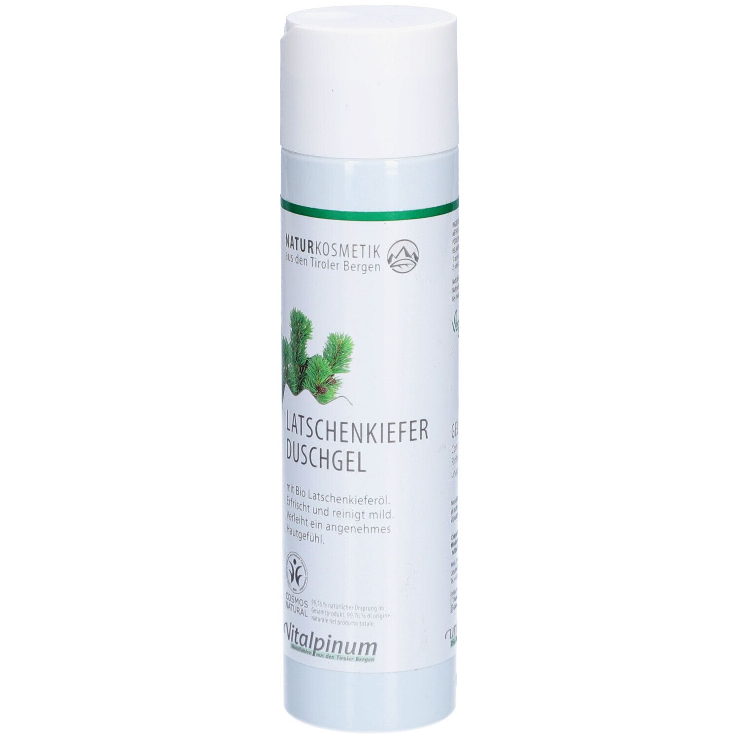 Weiß-grüne Flasche mit "Latschenkiefer Duschgel"-Aufdruck. Naturkosmetik-Siegel. Abbildung von Kiefernzweigen.