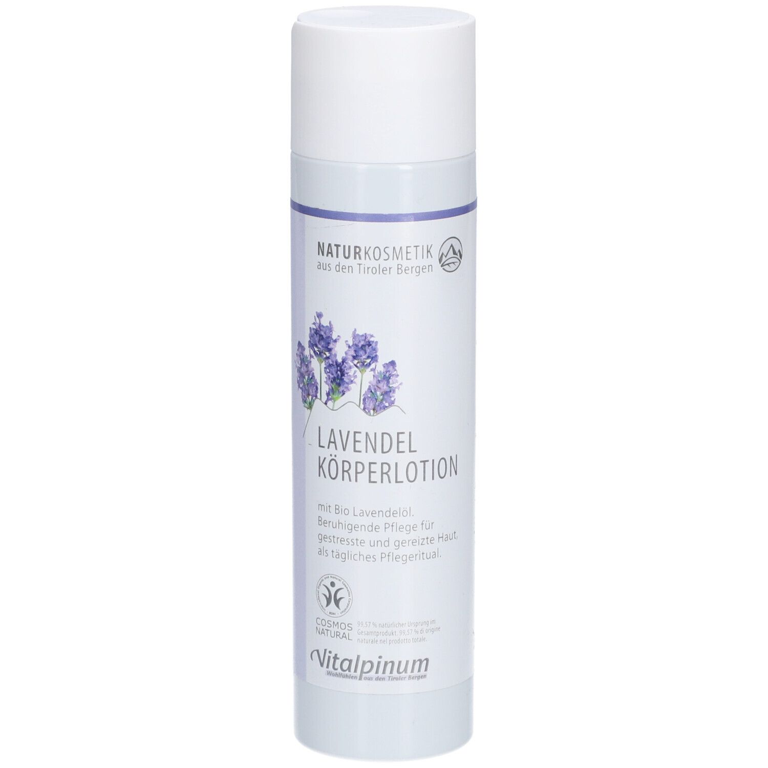 Körperlotion-Flasche mit Lavendel-Illustration und Text. Naturkosmetik-Logo. Vitalpinum-Logo.