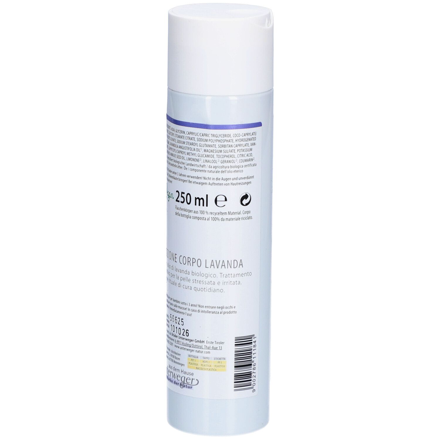 Rückseite der Körperlotion-Flasche. Text mit Inhaltsstoffen und Volumenangabe 250 ml. Italienischer Text.