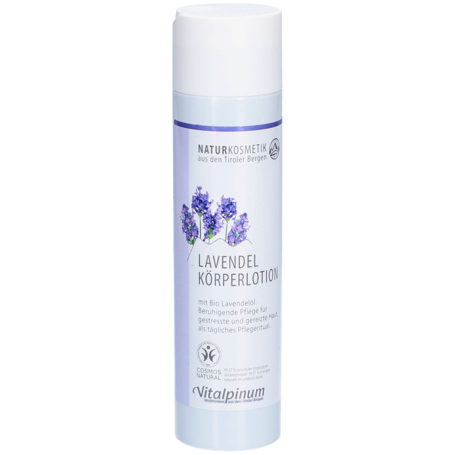 Körperlotion-Flasche mit Lavendel-Illustration und Text. Naturkosmetik-Logo. Vitalpinum-Logo.