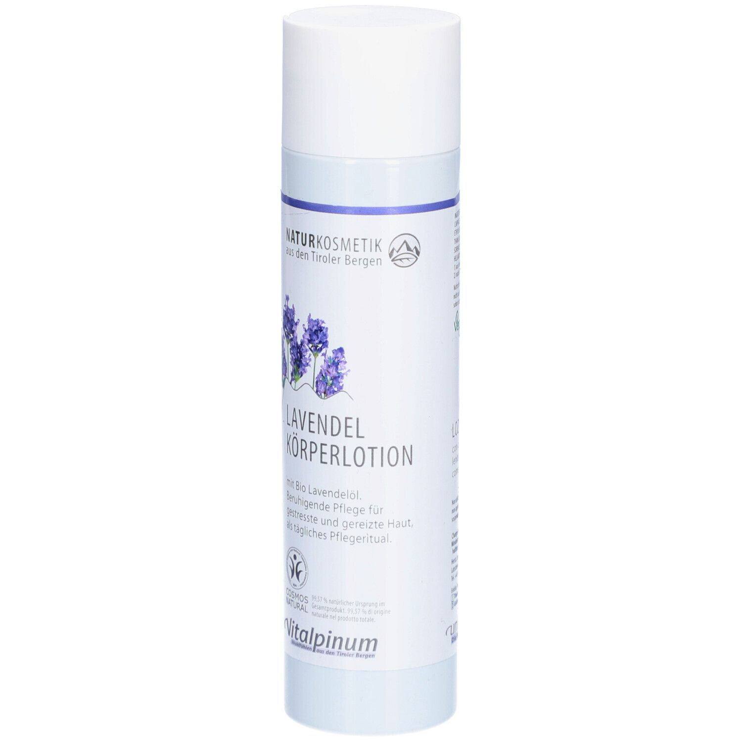 Körperlotion-Flasche mit Lavendel-Illustration und Text. Naturkosmetik-Logo. Vitalpinum-Logo.