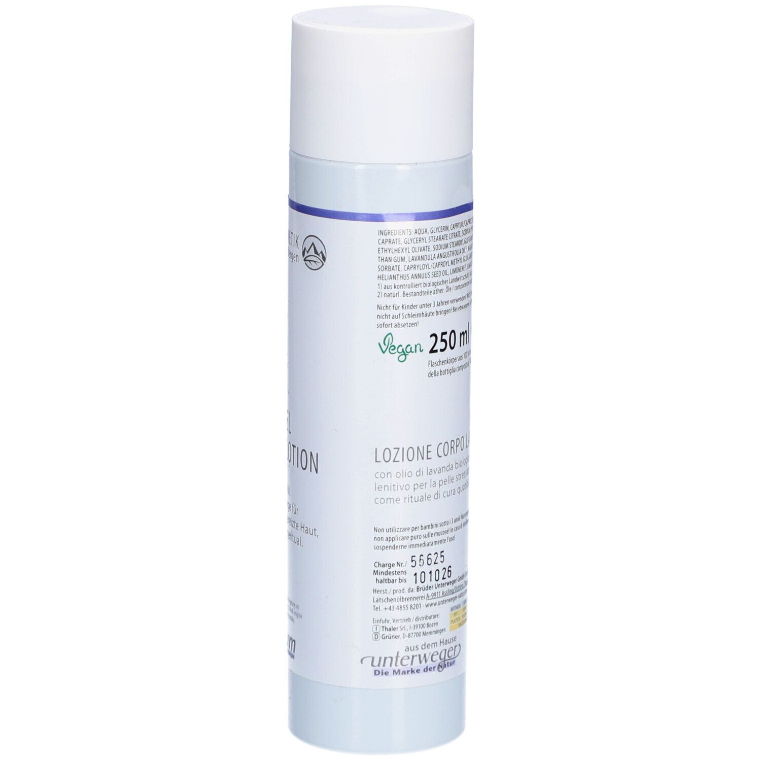 Rückseite der Körperlotion-Flasche. Text mit Inhaltsstoffen und Volumenangabe 250 ml. Vegan-Logo.