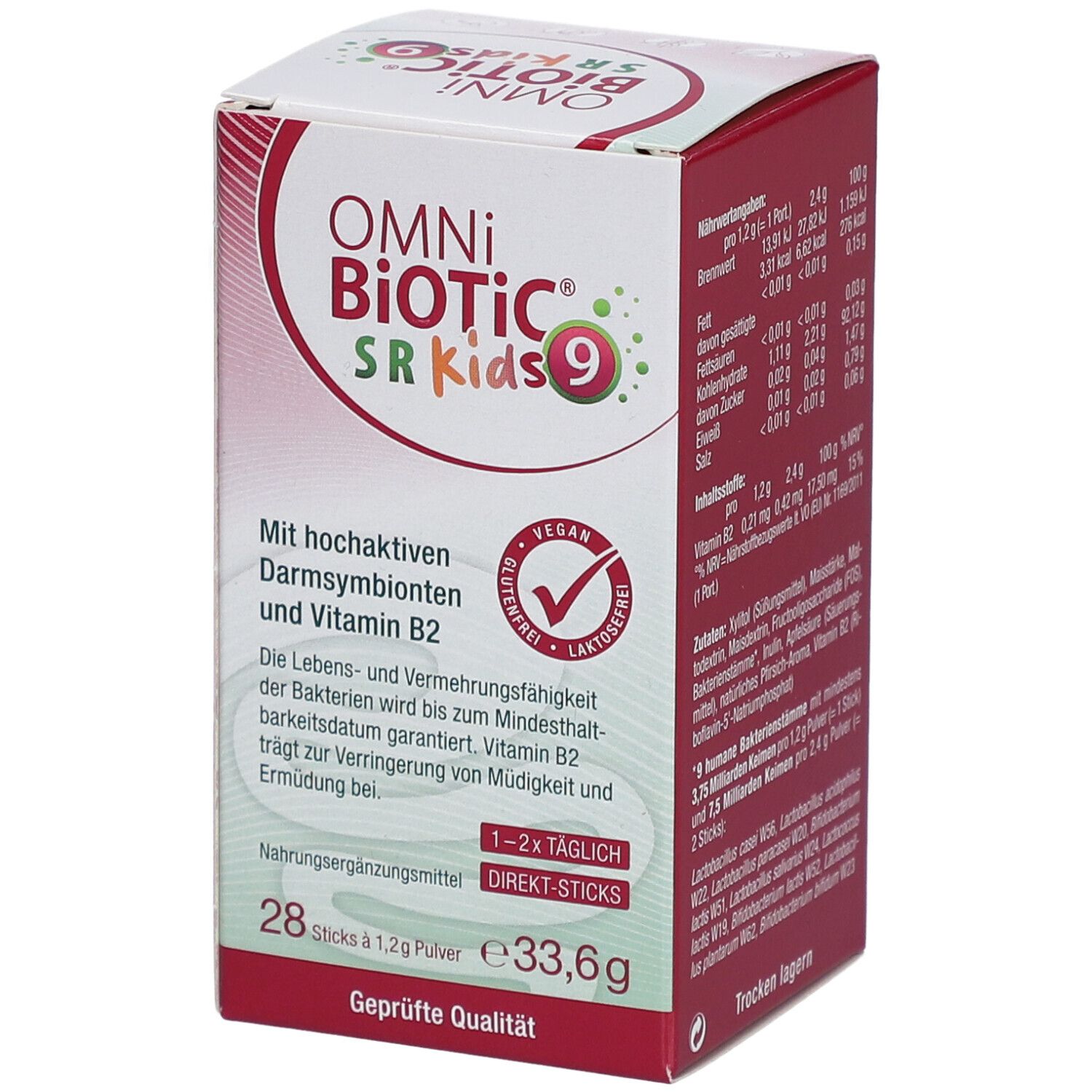 OMNi-BiOTiC SR-9 Kids Packung. Enthält 28 Direkt-Sticks. Mit hochaktiven Darmsymbionten und Vitamin B2. Vegan, glutenfrei, laktosefrei.