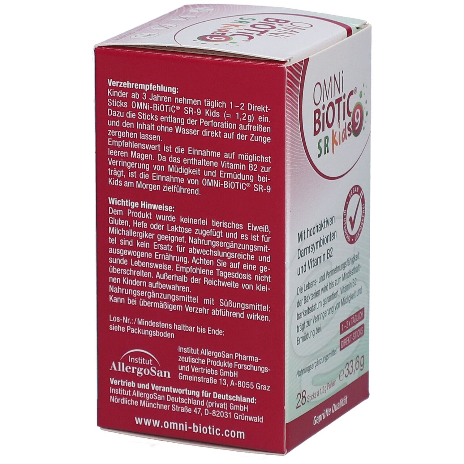 OMNi-BiOTiC SR-9 Kids Packung. Rückseite mit Verzehrempfehlung und wichtigen Hinweisen. Vegan, glutenfrei, laktosefrei. Hergestellt in Deutschland.