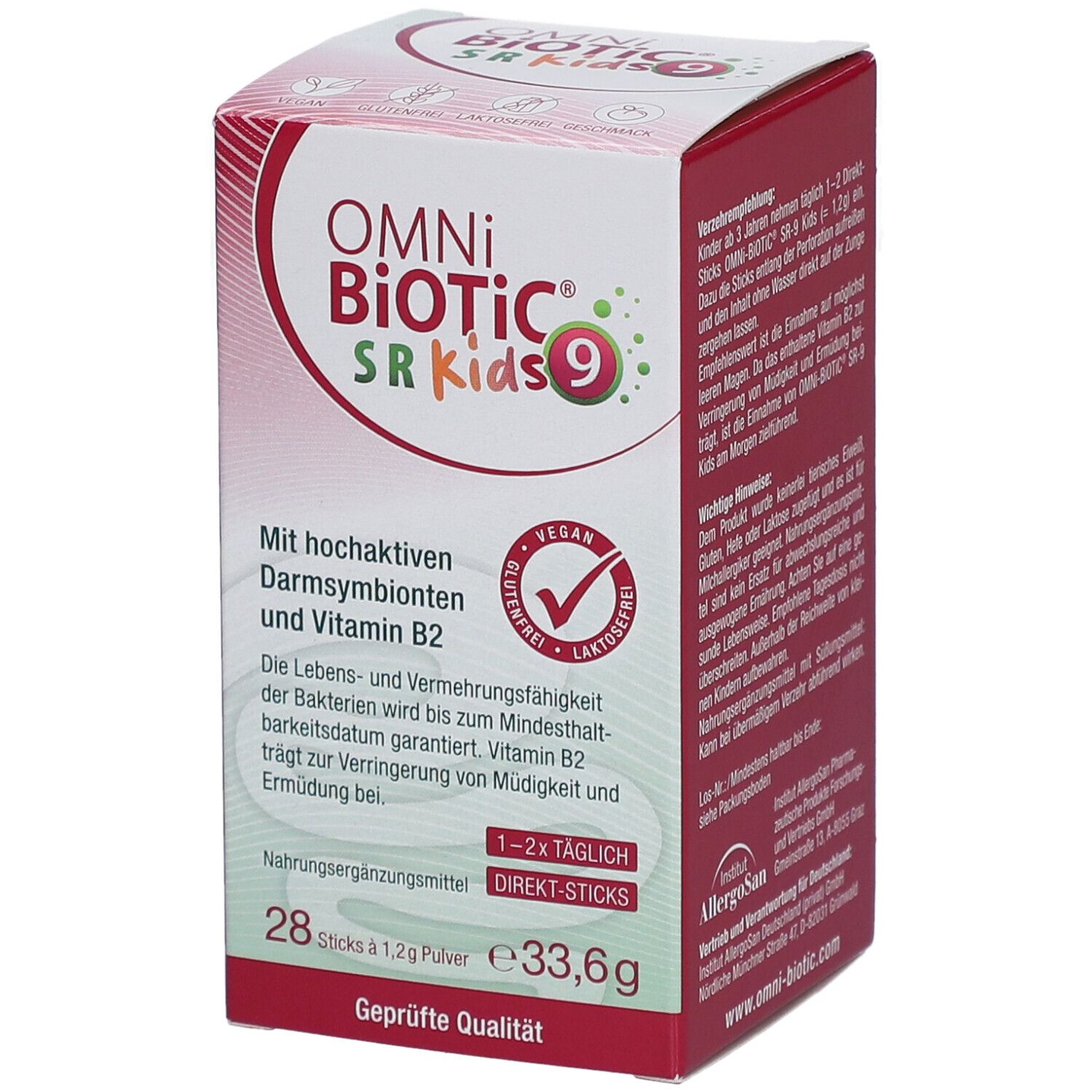 OMNi-BiOTiC SR-9 Kids Packung. Vorderseite mit Produktinformationen und Logo. Enthält 28 Direkt-Sticks. Vegan, glutenfrei, laktosefrei.