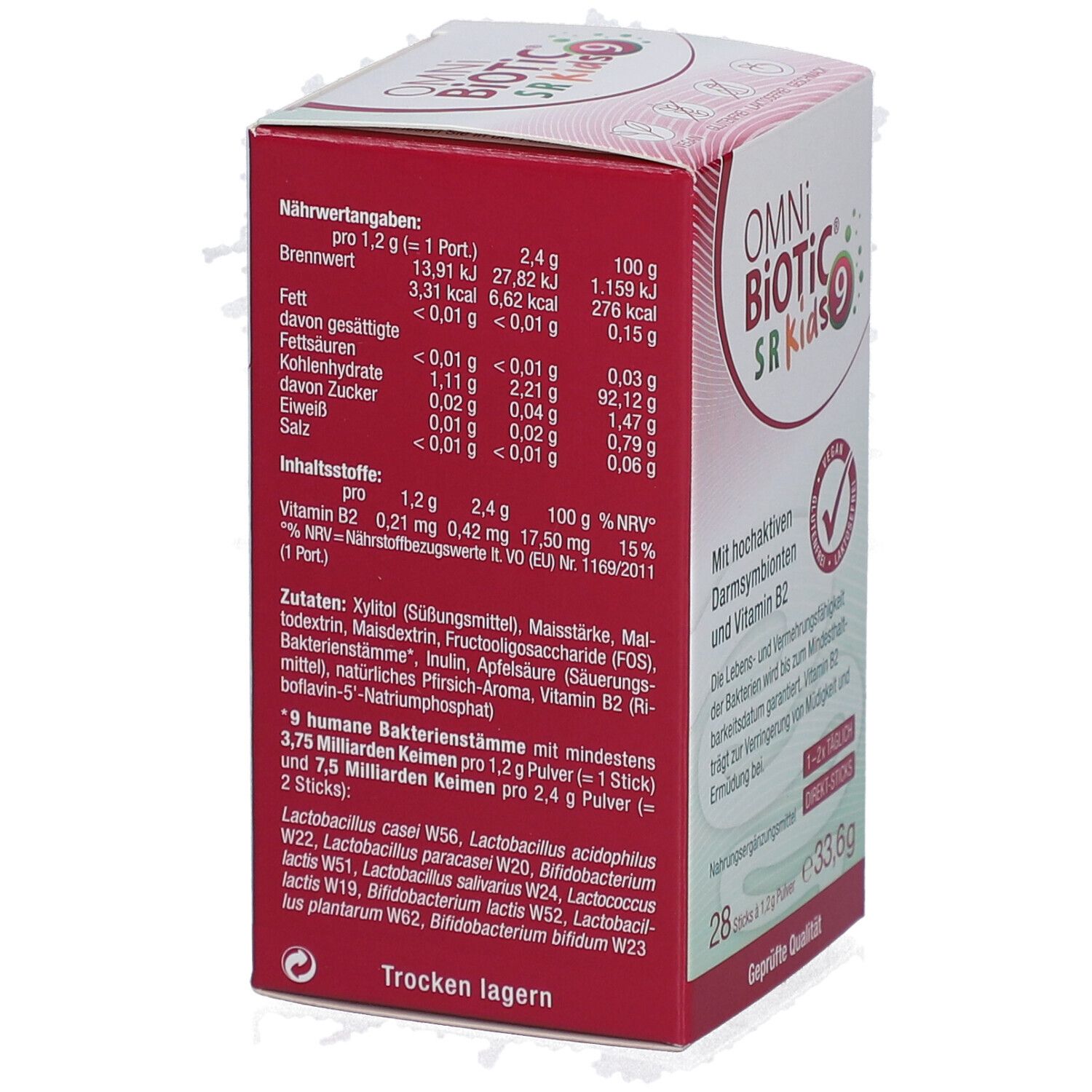 OMNi-BiOTiC SR-9 Kids Packung. Seite mit Nährwertangaben und Inhaltsstoffen. Enthält 28 Direkt-Sticks. Vegan, glutenfrei, laktosefrei.