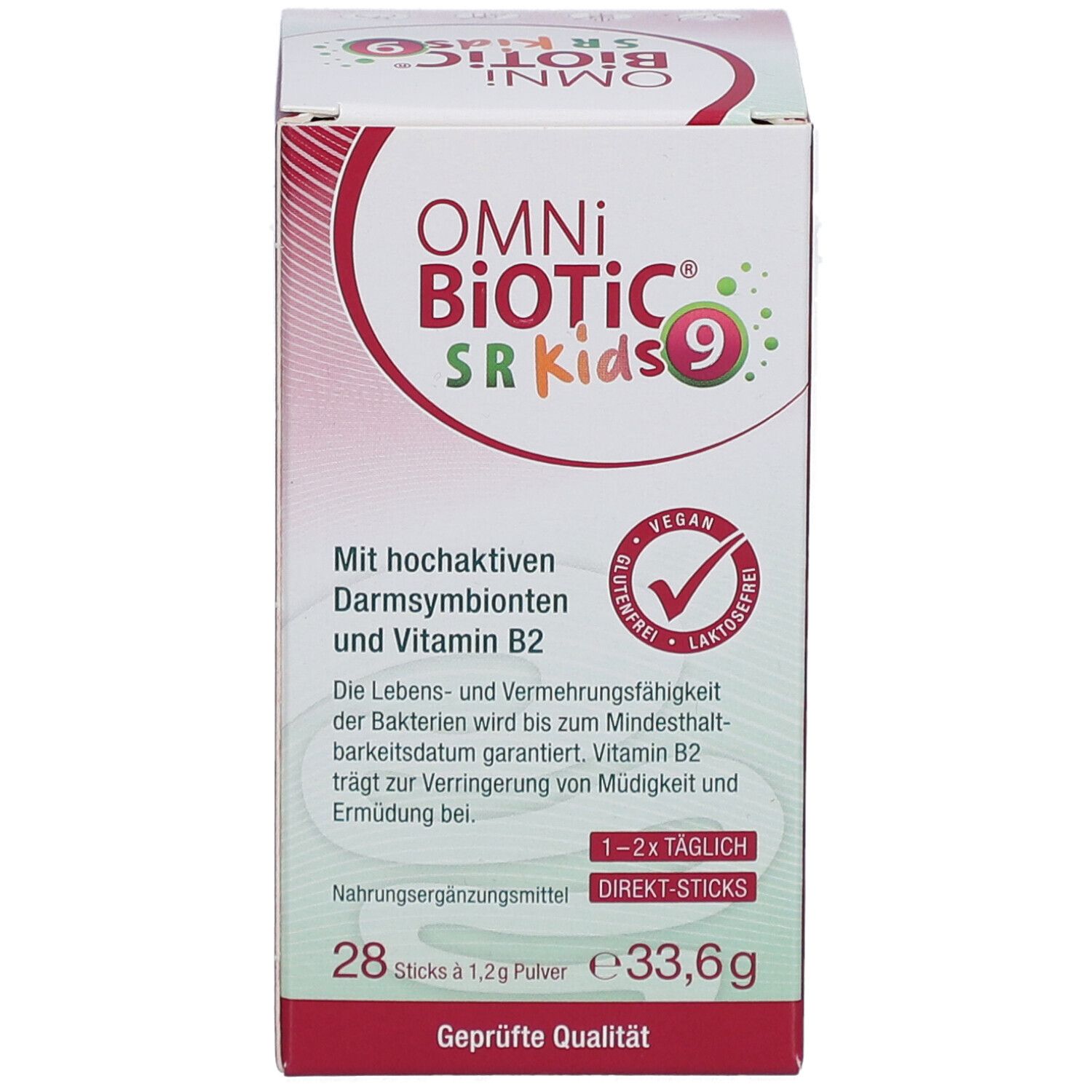 OMNi-BiOTiC SR-9 Kids Packung. Vorderseite mit Produktinformationen und Logo. Enthält 28 Direkt-Sticks. Vegan, glutenfrei, laktosefrei.