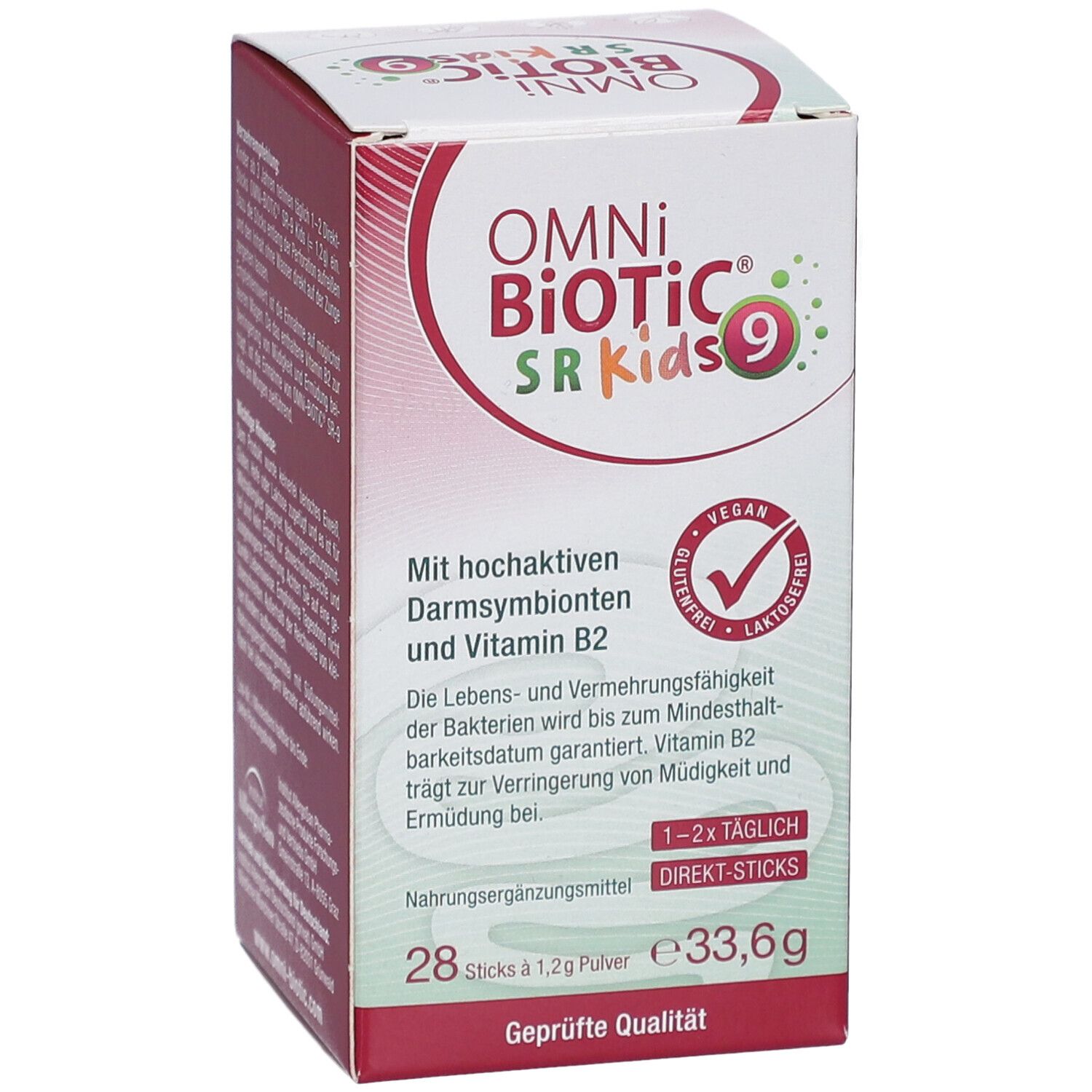 OMNi-BiOTiC SR-9 Kids Packung. Vorderseite mit Produktinformationen und Logo. Enthält 28 Direkt-Sticks. Vegan, glutenfrei, laktosefrei.