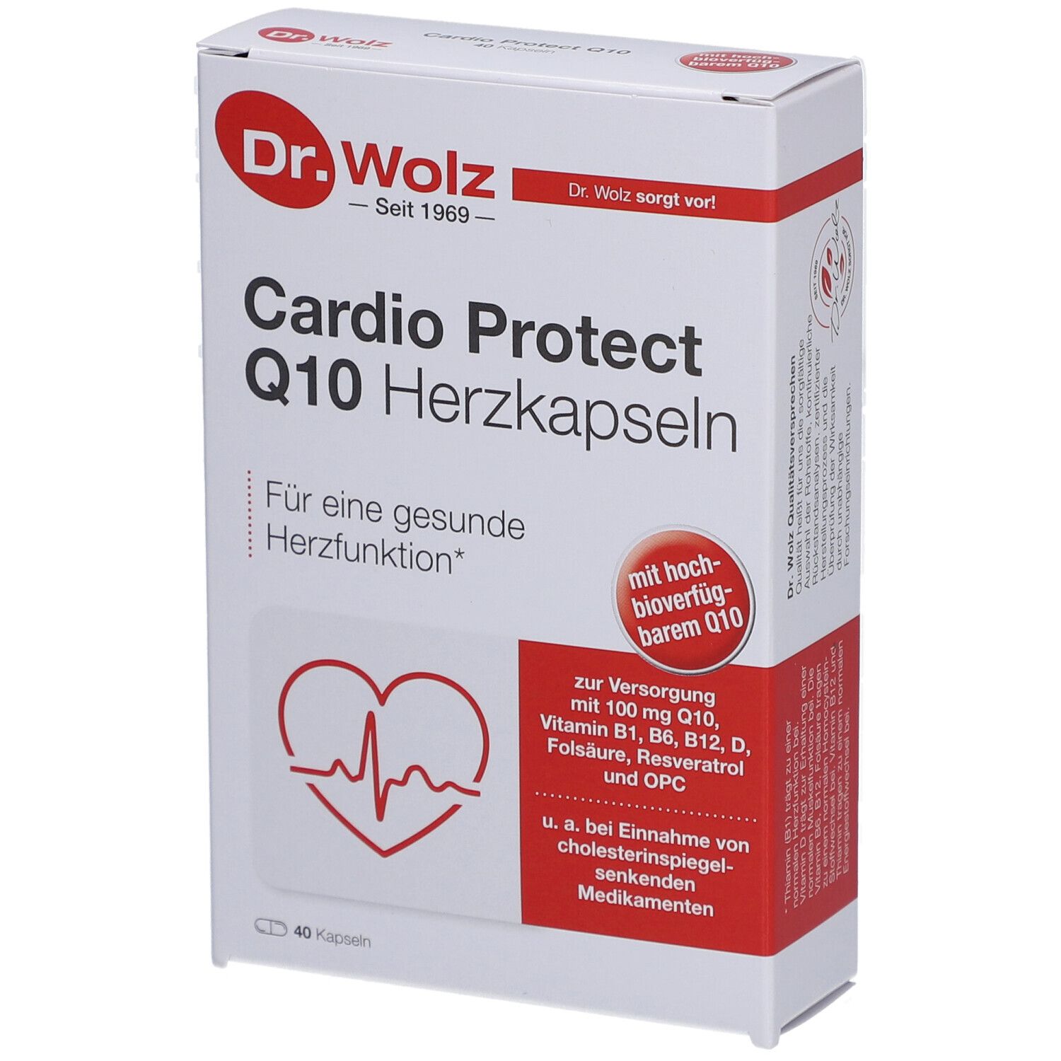 Weißer Karton mit roter Schrift. "Dr. Wolz" und "Cardio Protect Q10 Herzkapseln" sind sichtbar. 40 Kapseln.