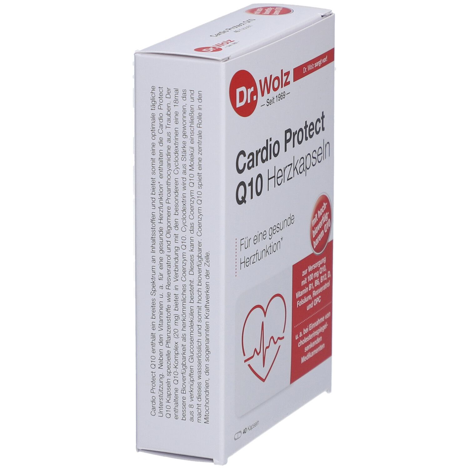 Weißer Karton, schräg. "Dr. Wolz" und "Cardio Protect Q10 Herzkapseln" sind sichtbar. Rote Details.