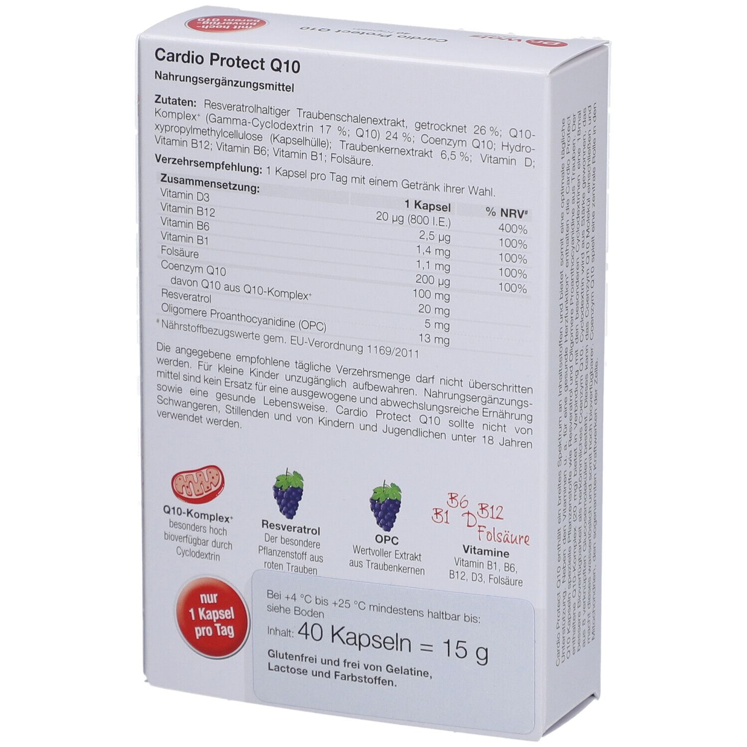 Rückseite der weißen Kartonverpackung. Text über Inhaltsstoffe und Nährwertangaben. 40 Kapseln, 15 g.